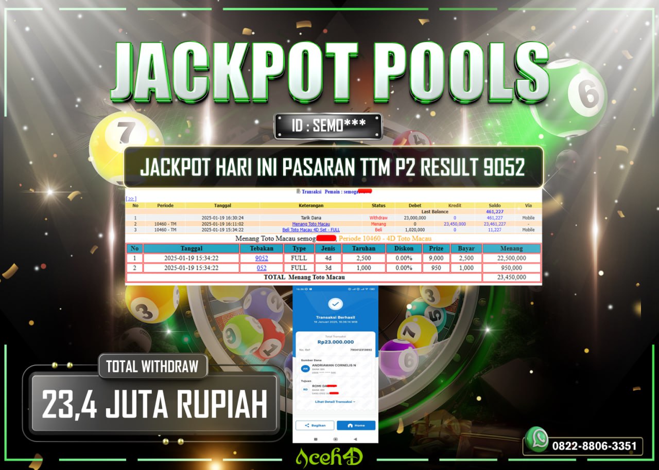 JACKPOT TOGEL TOTOMACAU P2 16.00 WIB DARI MEMBER SETIA ACEH4D TGL 19/01/2025  💸💸