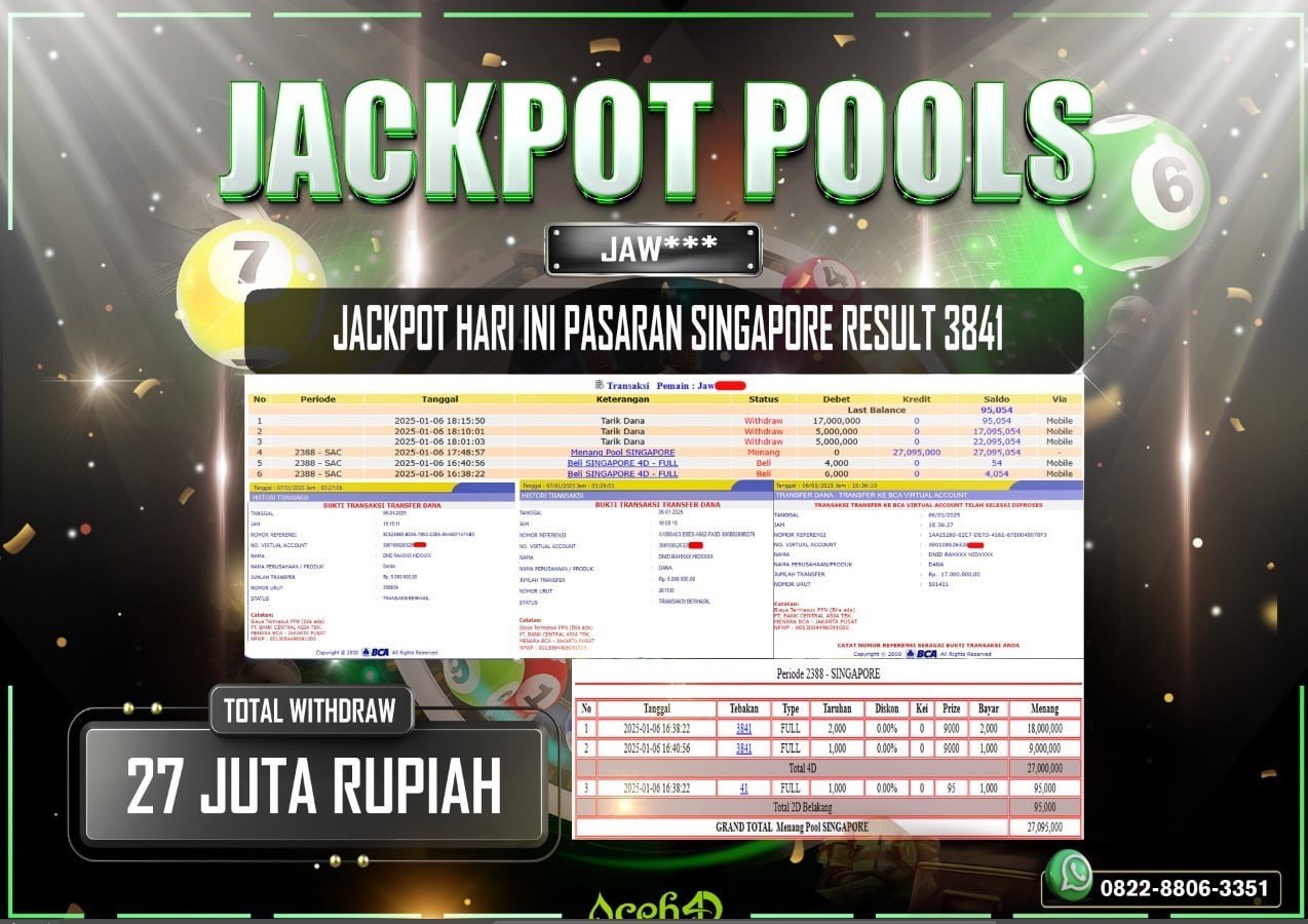 JACKPOT TOGEL SINGAPORE DARI MEMBER SETIA ACEH4D TGL 06/01/2025  💸💸