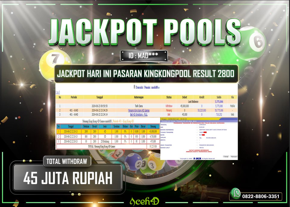 JACKPOT TOGEL KINGKONG POOLS DARI MEMBER SETIA ACEH4D TGL 22/06/2024 💸💸
