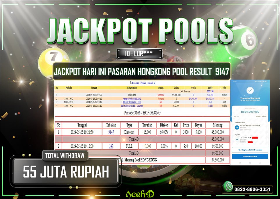 JACKPOT TOGEL HONGKONG POOLS  DARI MEMBER SETIA ACEH4D TGL 25/05/2024 PENARIKAN TGL 26/05/2024 💸💸