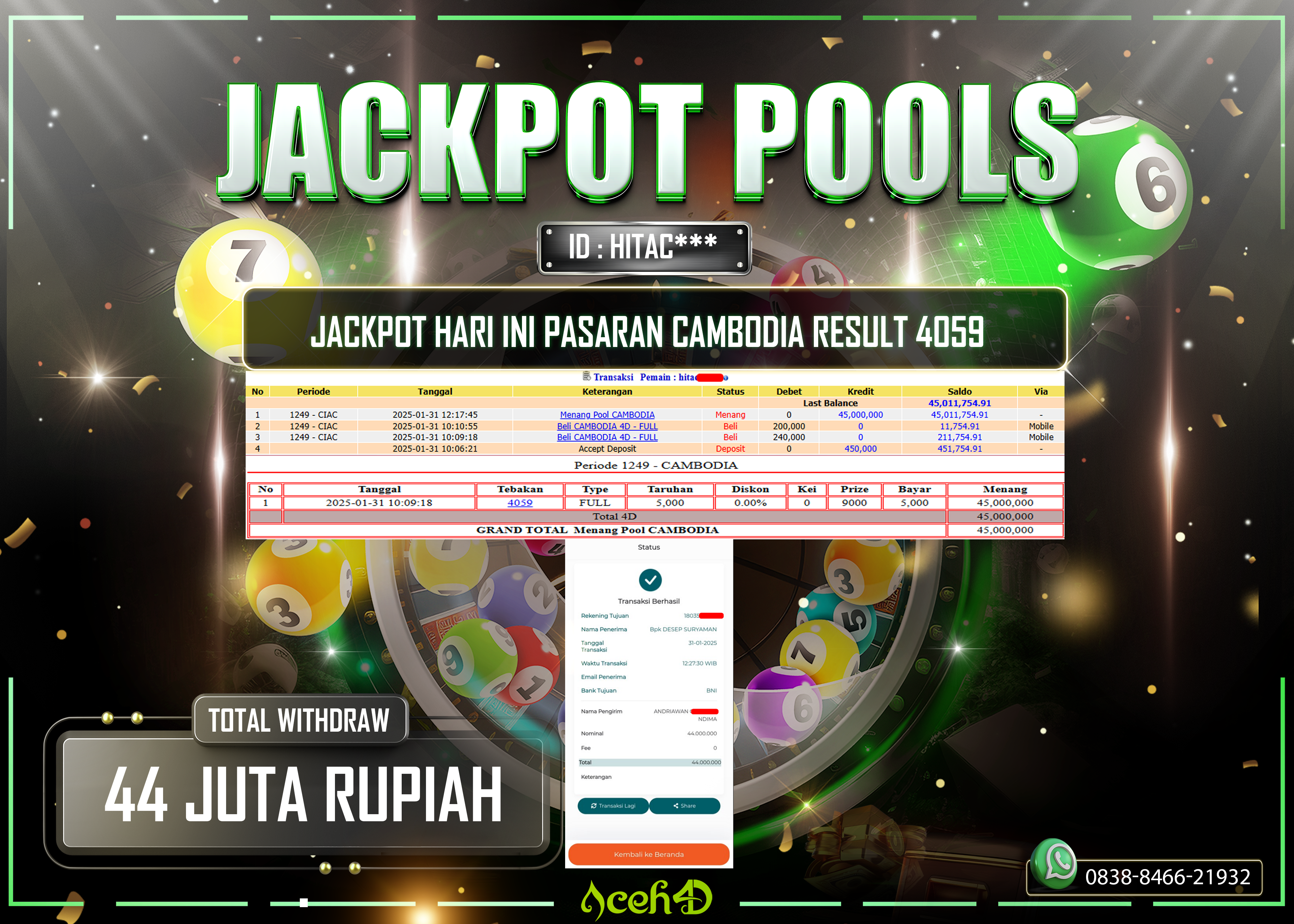 JACKPOT TOGEL CAMBODIA DARI MEMBER SETIA ACEH4D TGL 31/01/2025 💸💸