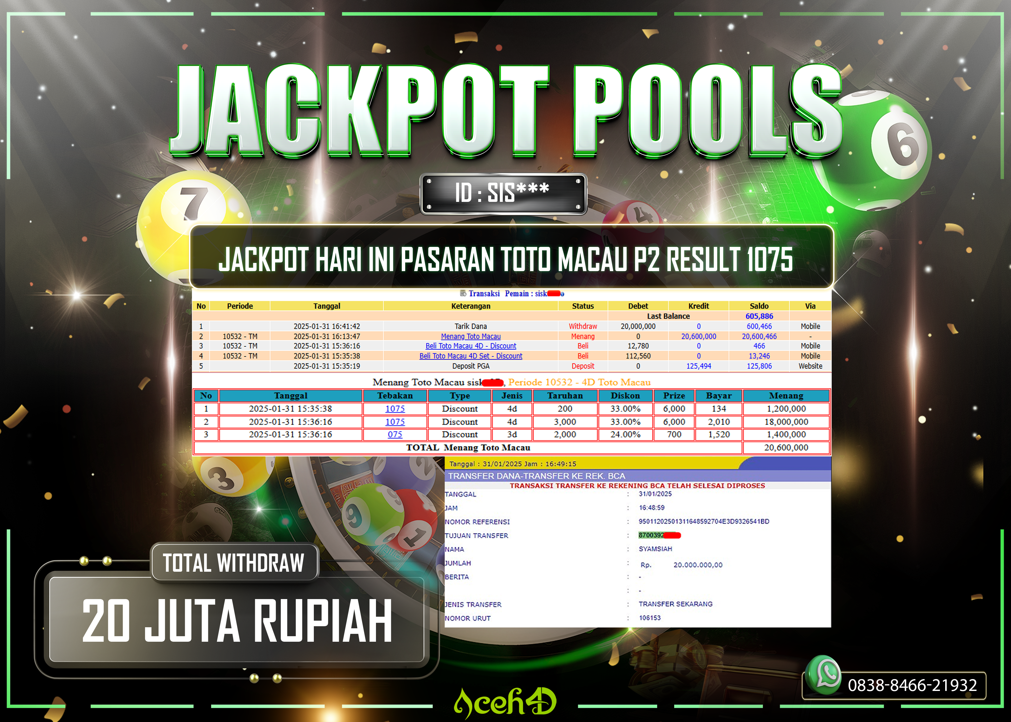 JACKPOT TOGEL TOTOMACAU P2 RESULT 1075 DARI MEMBER SETIA ACEH4D TGL 31/01/2025 💸💸