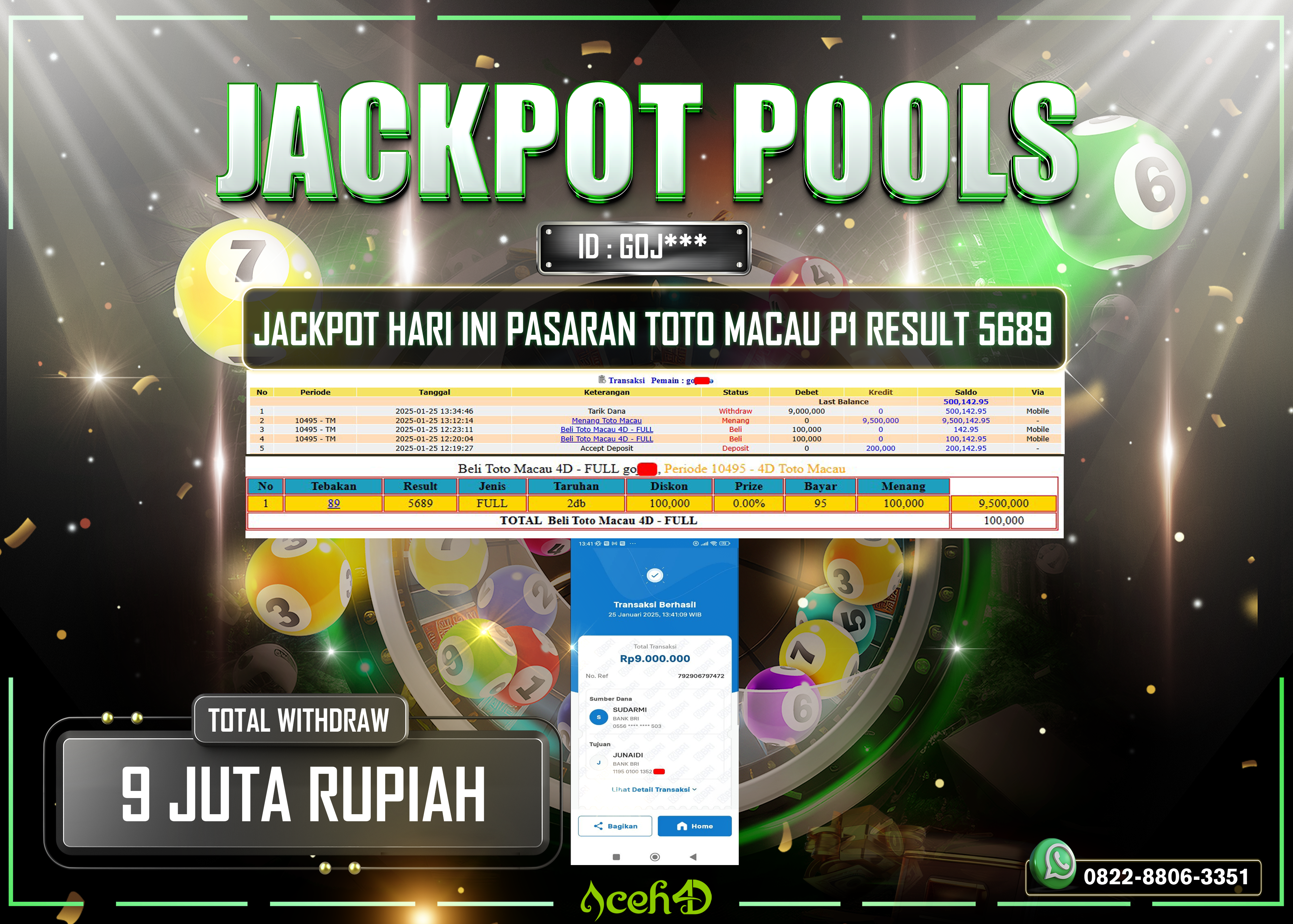 JACKPOT TOGEL TOTOMACAU P1 13.00 WIB DARI MEMBER SETIA ACEH4D TGL 25/01/2025 💸💸