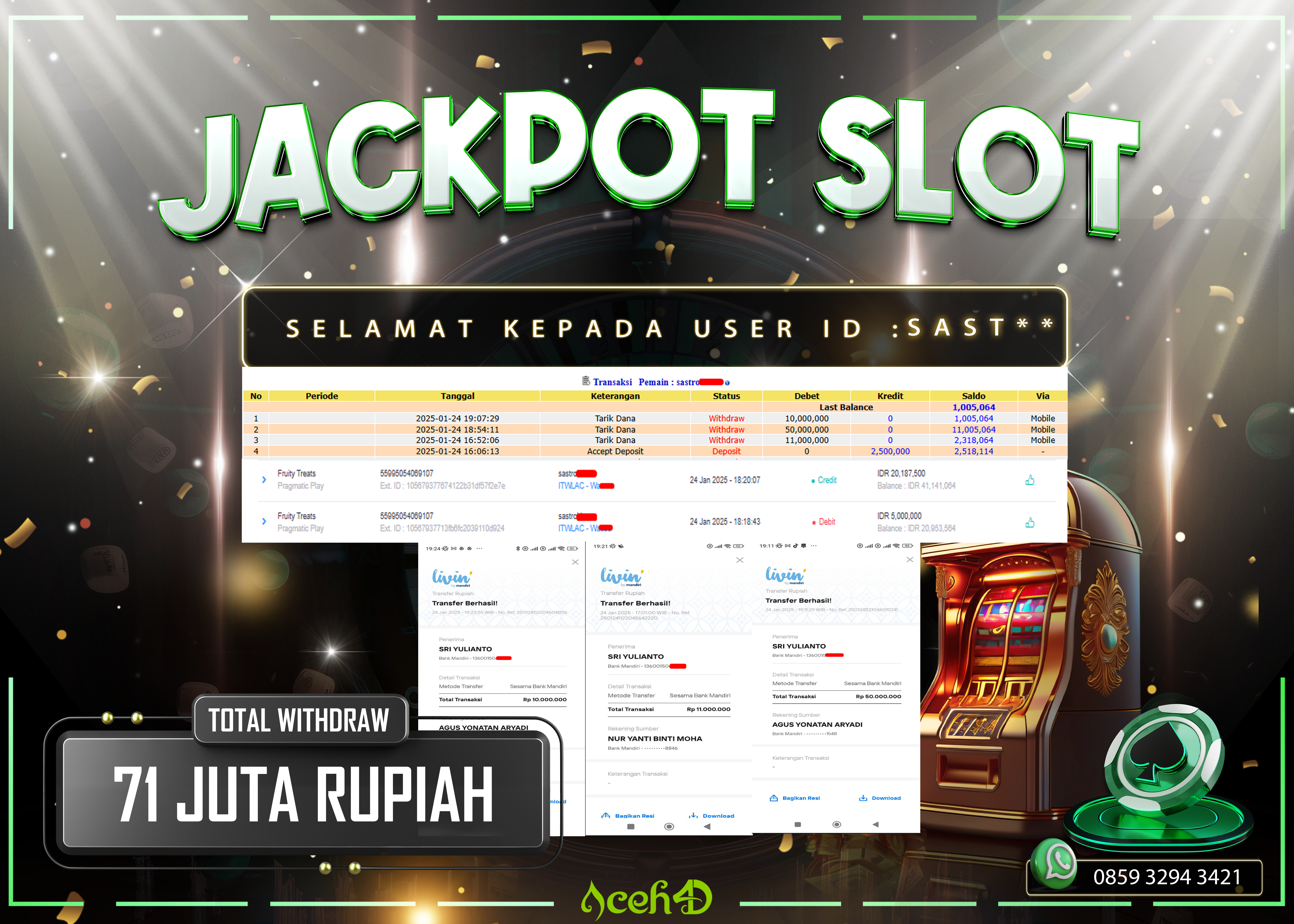 JACKPOT SLOT DARI MEMBER SETIA ACEH4D TGL 24/01/2025 💸💸