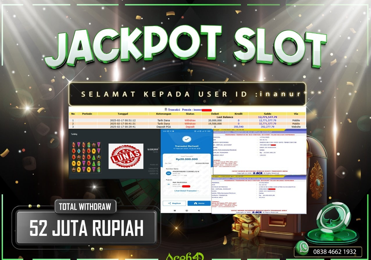 JACKPOT SLOT DARI MEMBER SETIA ACEH4D TGL 17/02/2025 💸💸