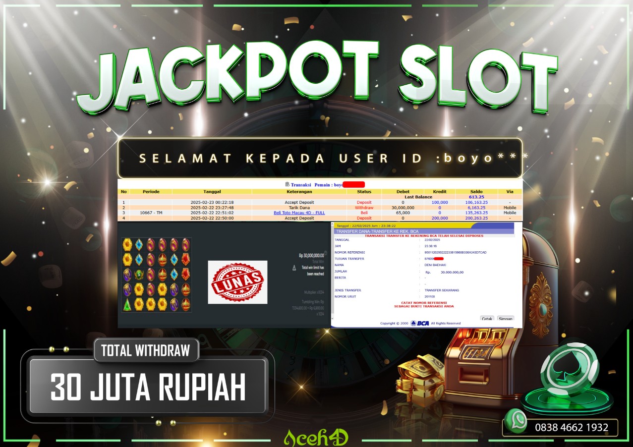 JACKPOT SLOT DARI MEMBER SETIA ACEH4D TGL 22/02/2025 💸💸