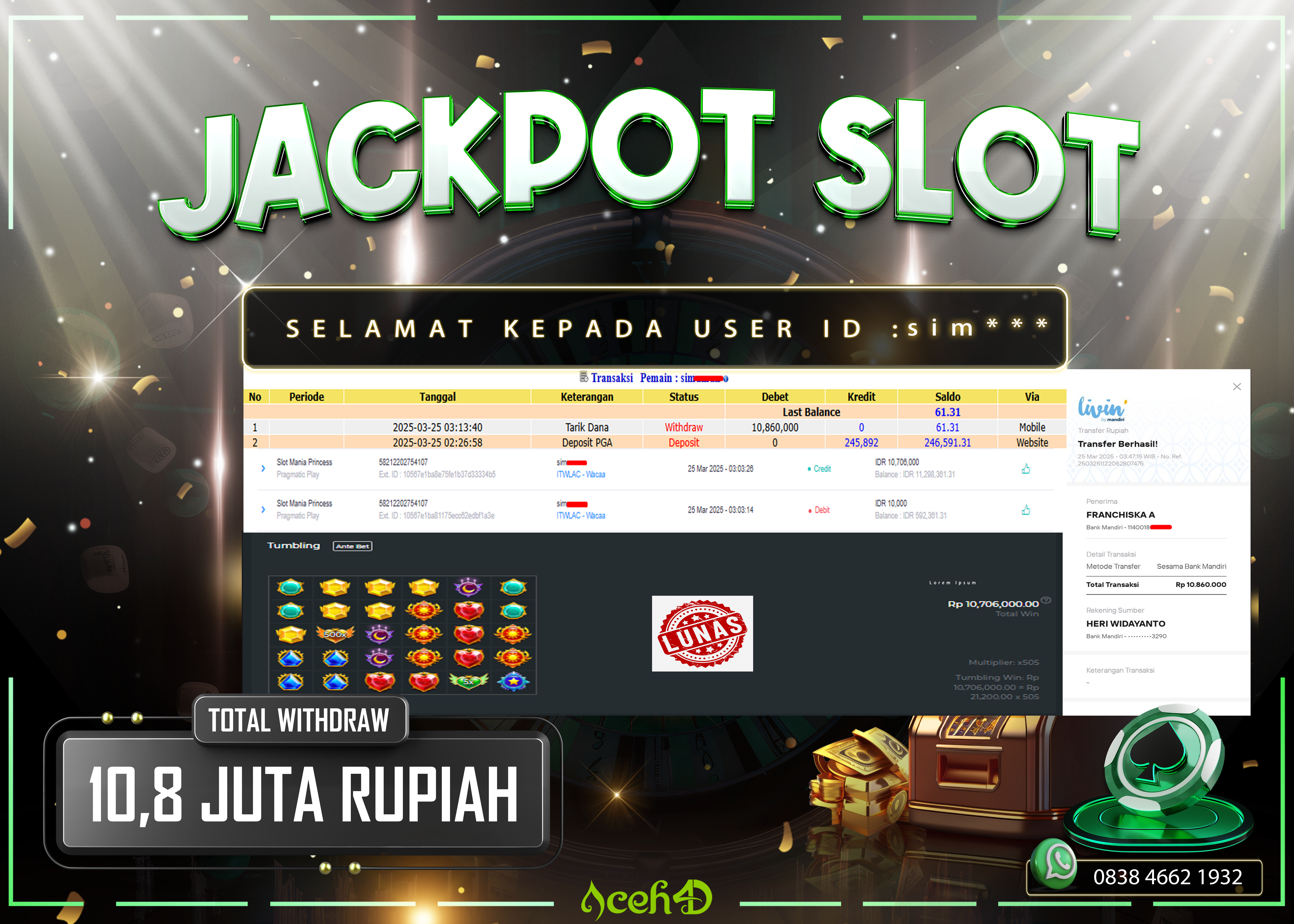JACKPOT SLOT DARI MEMBER SETIA ACEH4D TGL 25/03/2025 💸💸