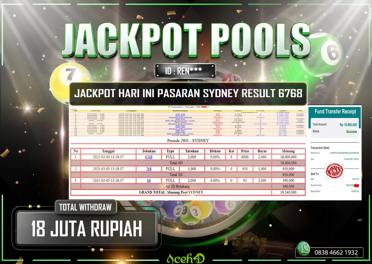 JACKPOT TOGEL SYDNEY DARI MEMBER SETIA ACEH4D TGL 03/03/2025  💸💸