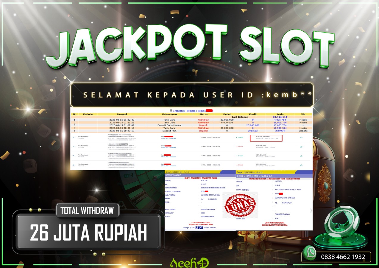 JACKPOT SLOT DARI MEMBER SETIA ACEH4D TGL 15/03/2025 💸💸