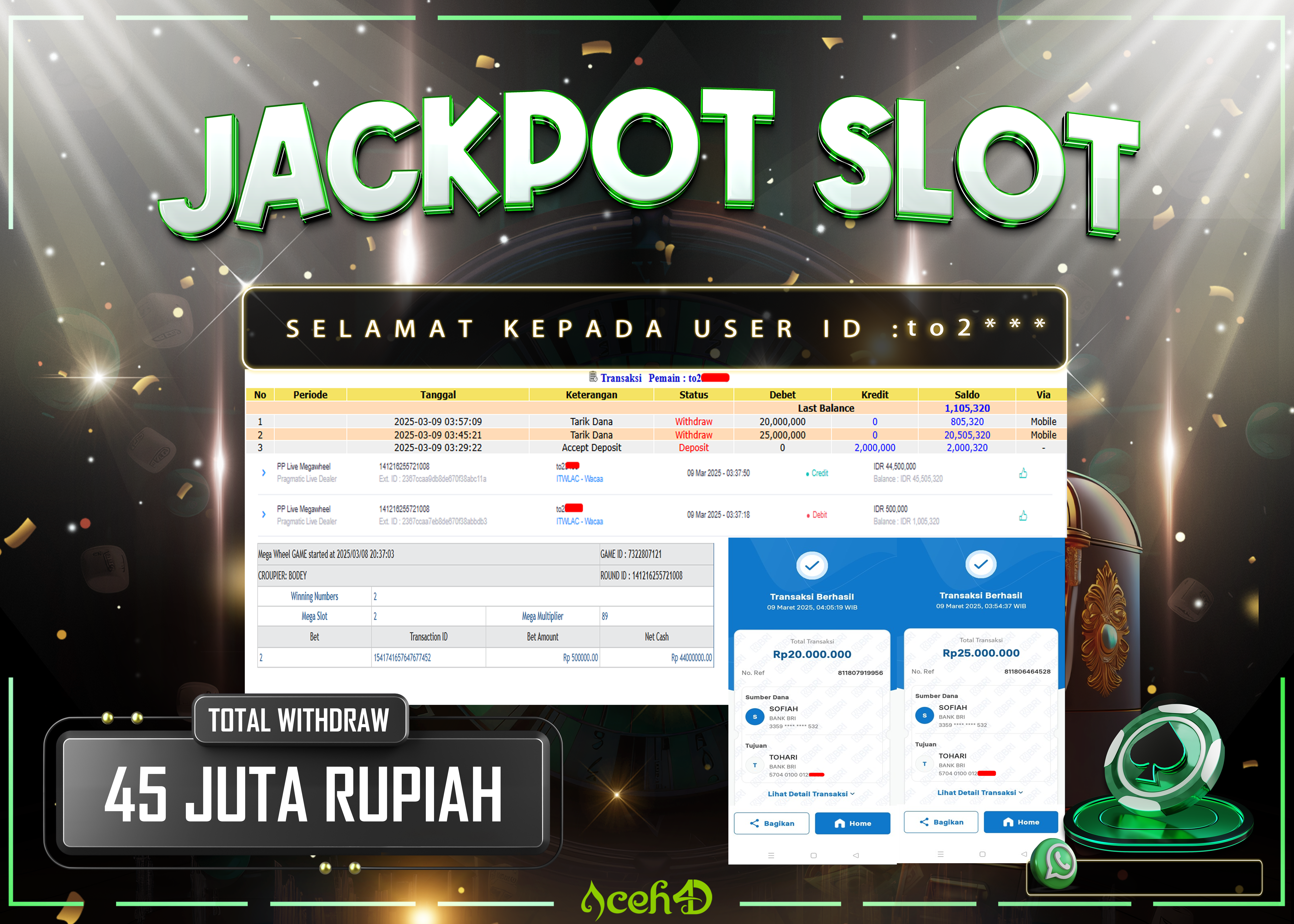 JACKPOT PRAGMATIC LIVE DEALER DARI MEMBER SETIA ACEH4D TGL 09/03/2025 💸💸