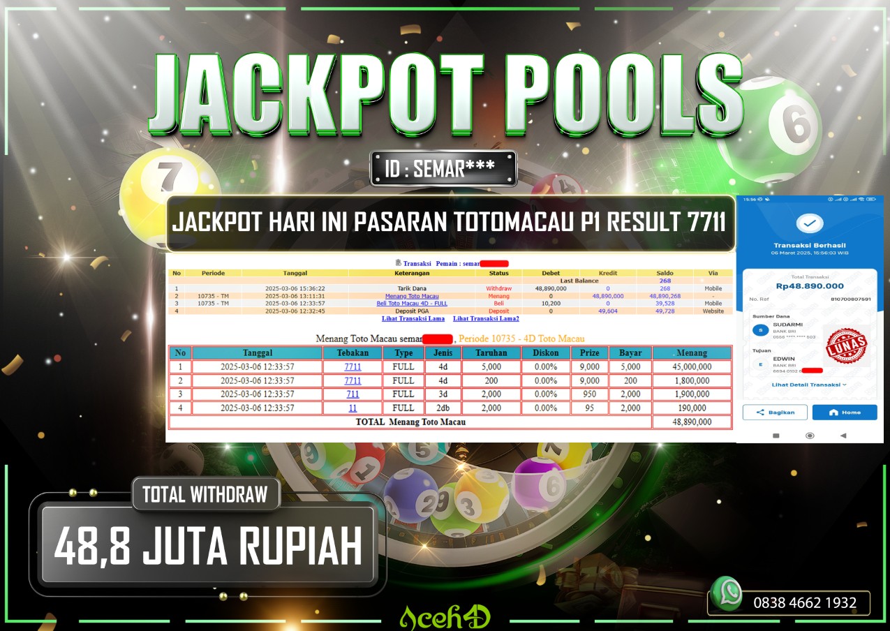 JACKPOT TOGEL TOTOMACAU P1 DARI MEMBER SETIA ACEH4D TGL 06/03/2025  💸💸