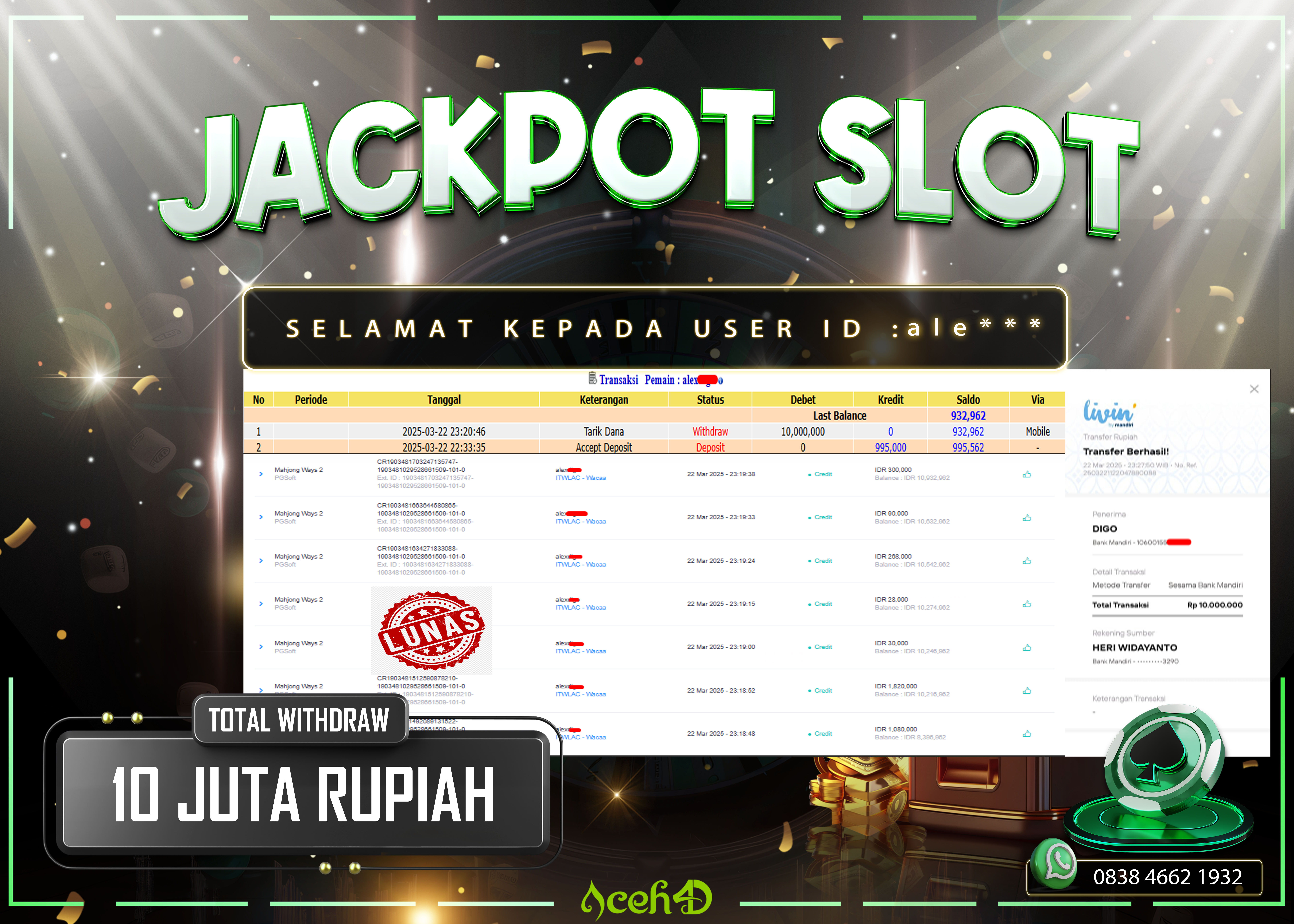 JACKPOT SLOT DARI MEMBER SETIA ACEH4D TGL 22/03/2025 💸💸