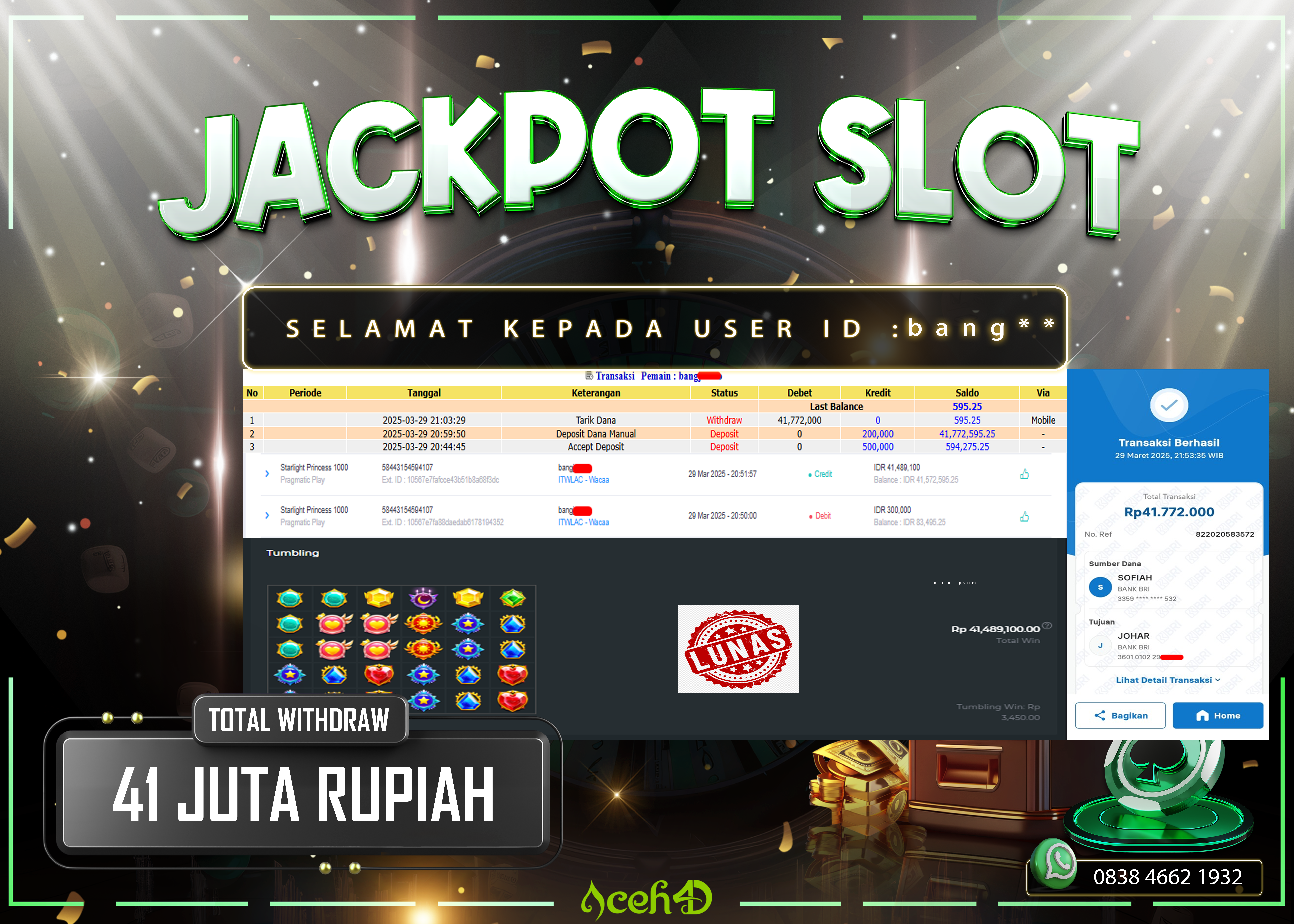 JACKPOT SLOT DARI MEMBER SETIA ACEH4D TGL 29/03/2025 💸💸