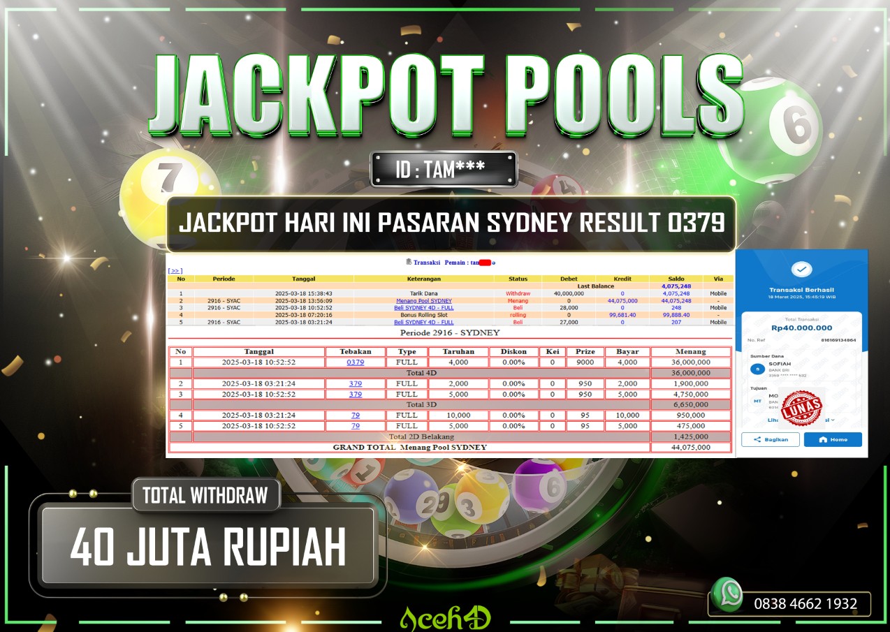 JACKPOT TOGEL PASARAN SYDNEY DARI MEMBER SETIA ACEH4D TGL 18/03/2025  💸💸