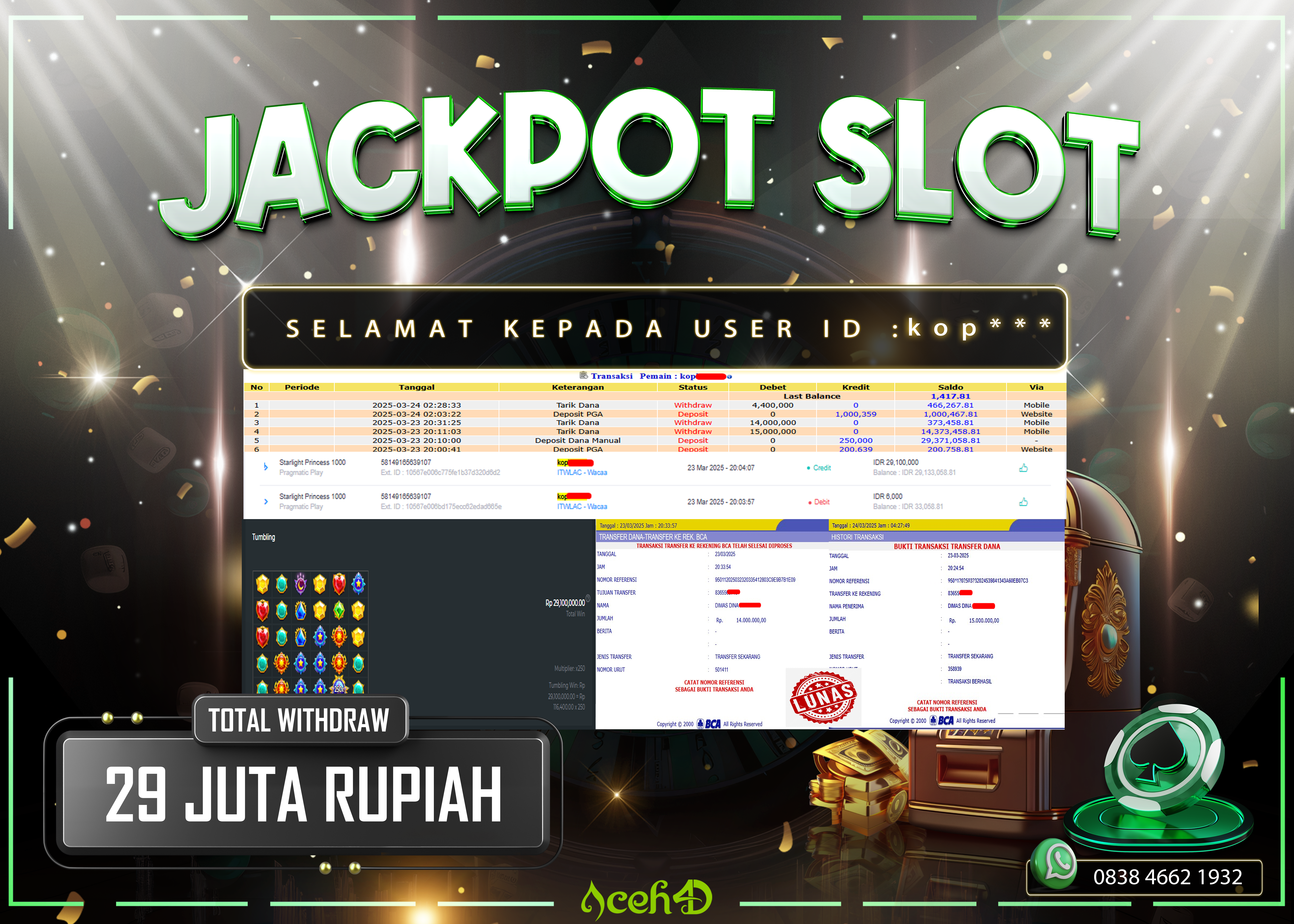 JACKPOT SLOT DARI MEMBER SETIA ACEH4D TGL 23/03/2025 💸💸