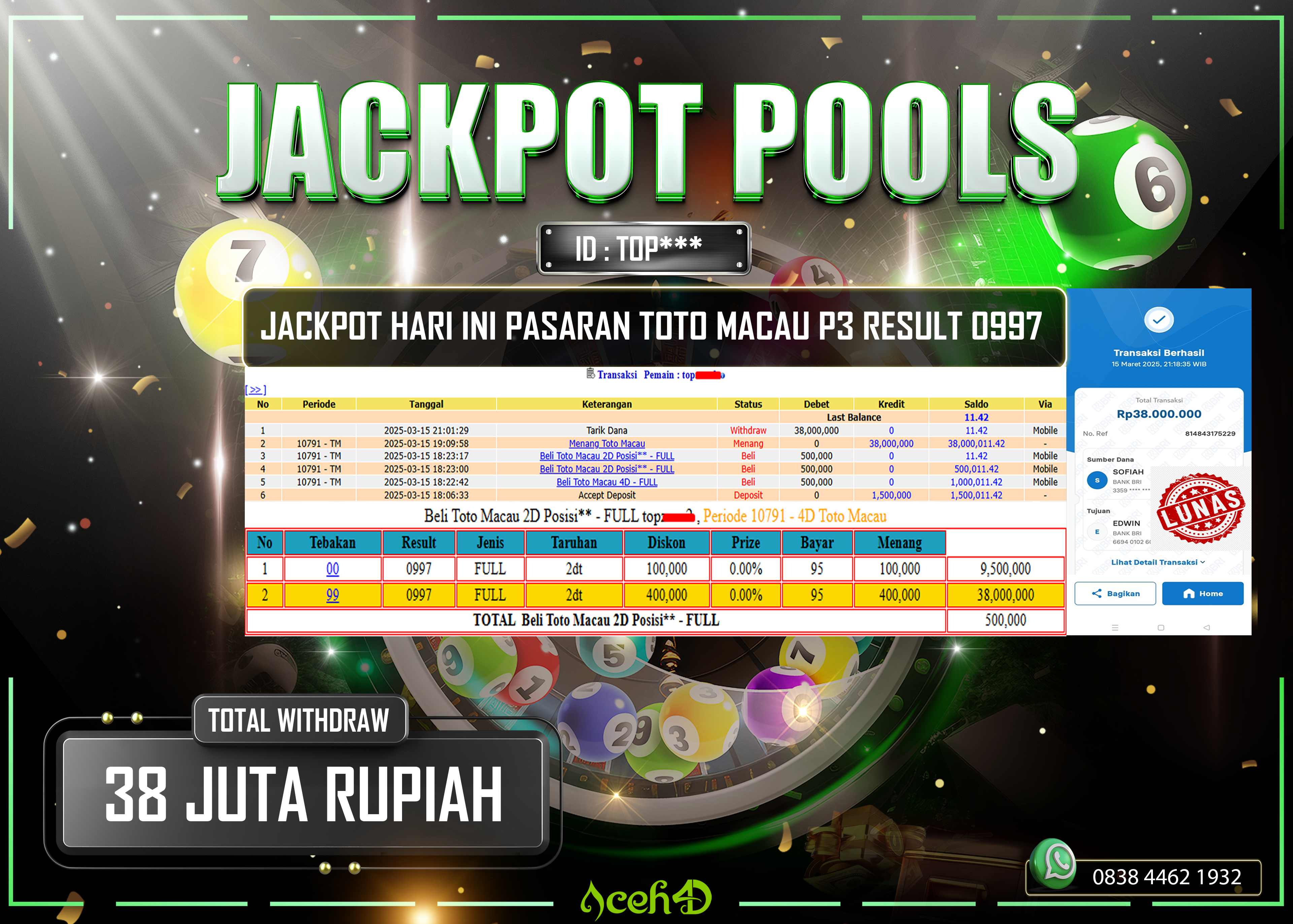 JACKPOT TOGEL TOTOMACAU P3 19.00 WIB DARI MEMBER SETIA ACEH4D TGL 15/03/2025 💸💸