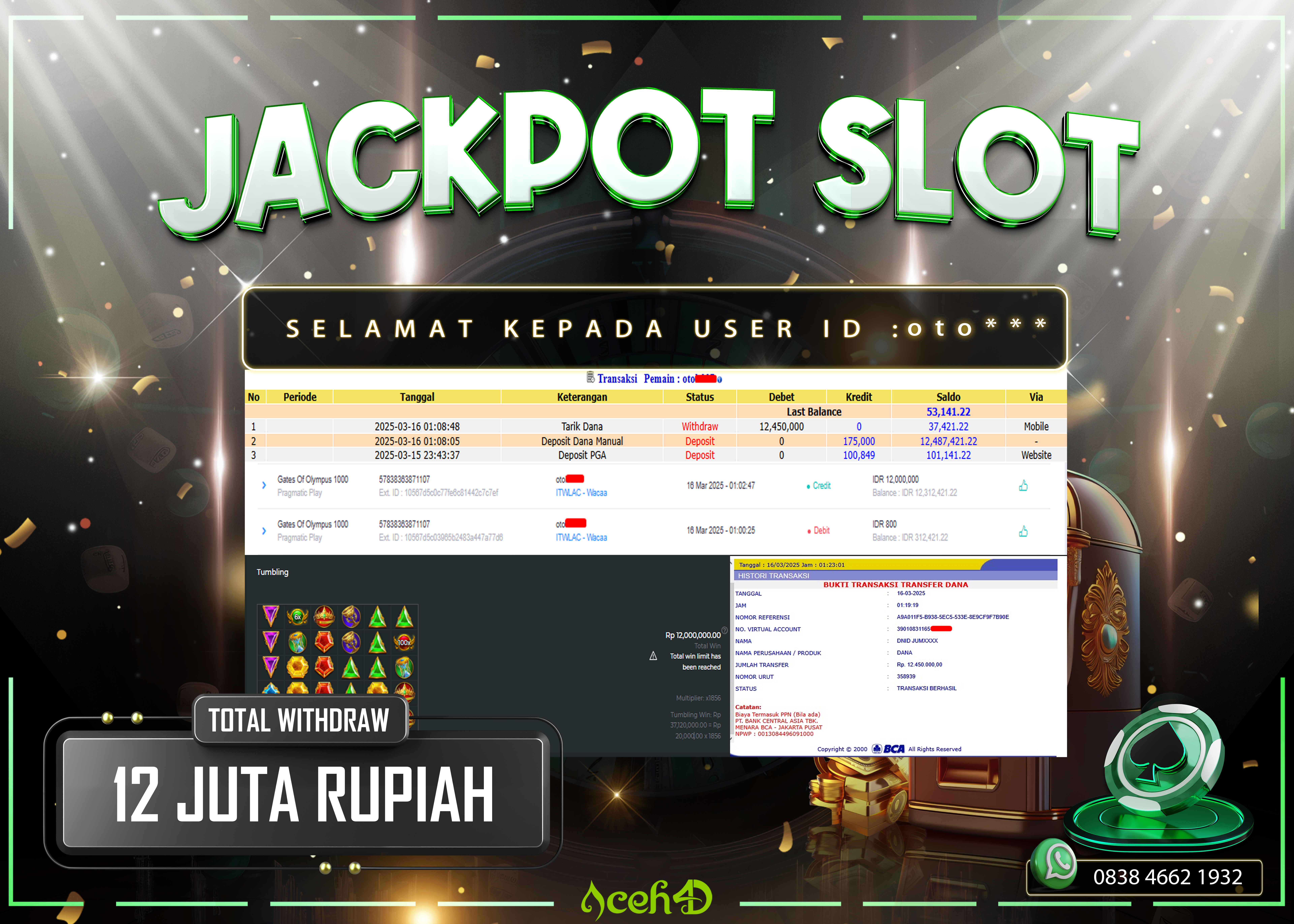 JACKPOT SLOT DARI MEMBER SETIA ACEH4D TGL 16/03/2025 💸💸