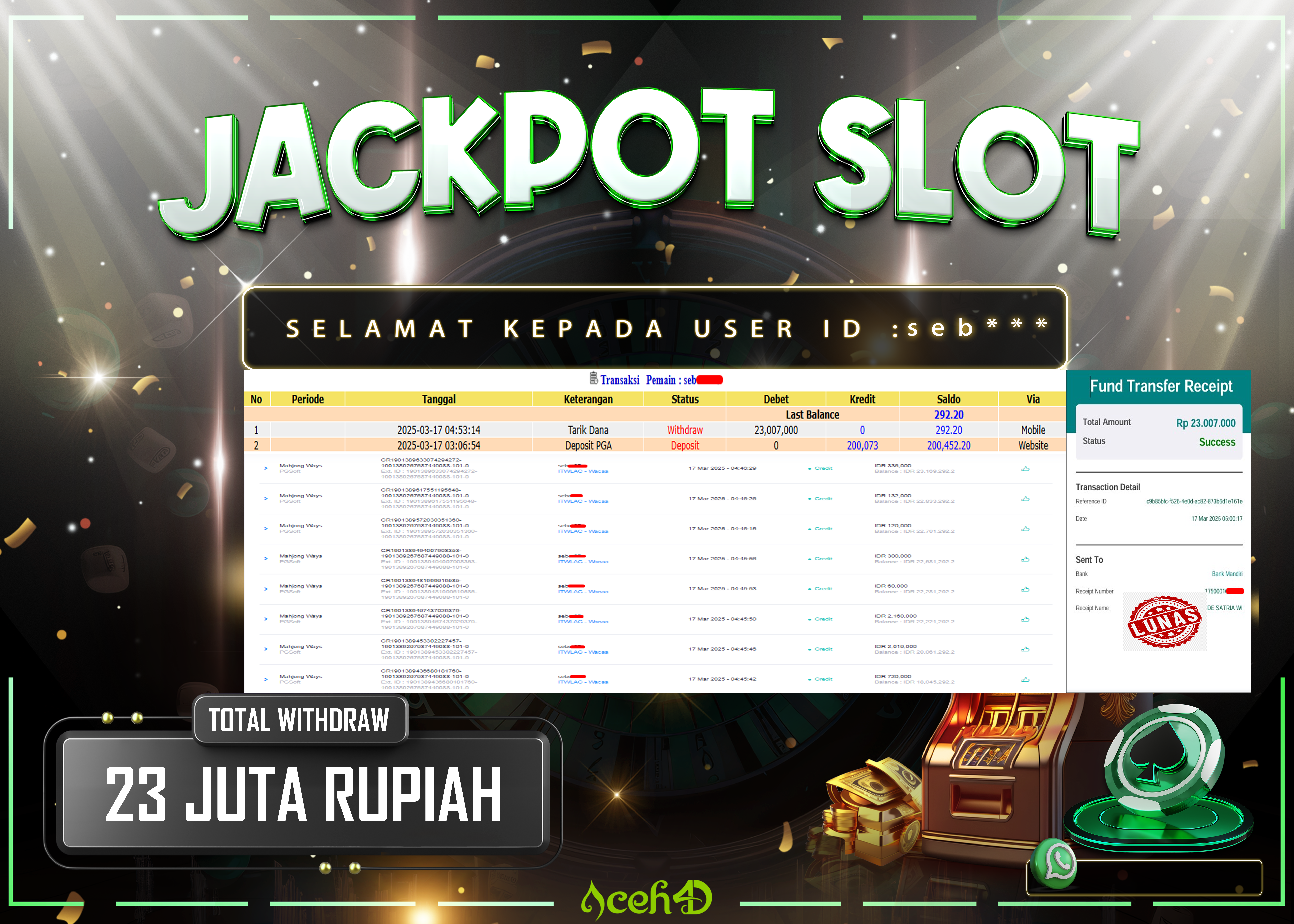 JACKPOT SLOT DARI MEMBER SETIA ACEH4D TGL 17/03/2025 💸💸