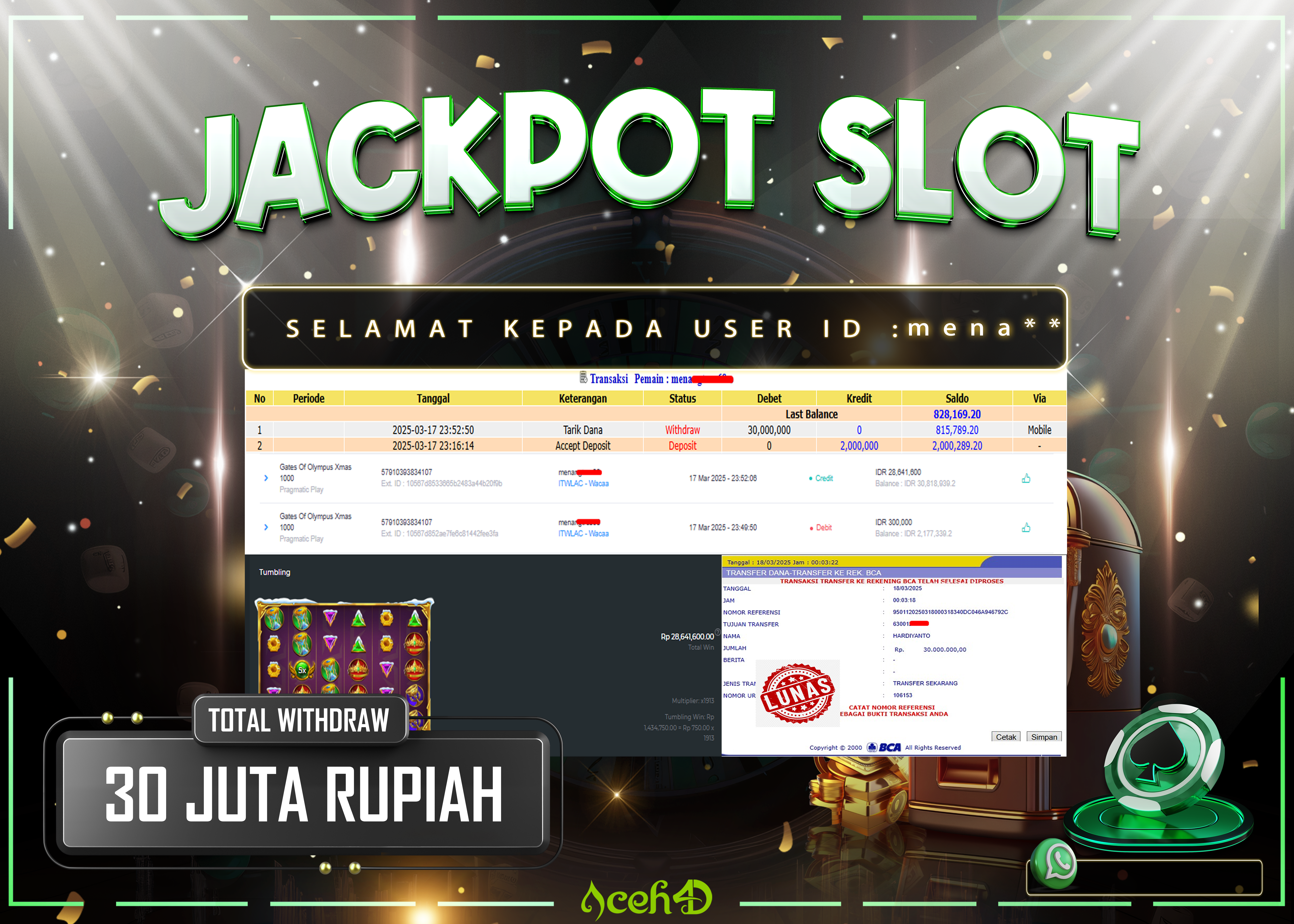 JACKPOT SLOT DARI MEMBER SETIA ACEH4D TGL 17/03/2025 💸💸