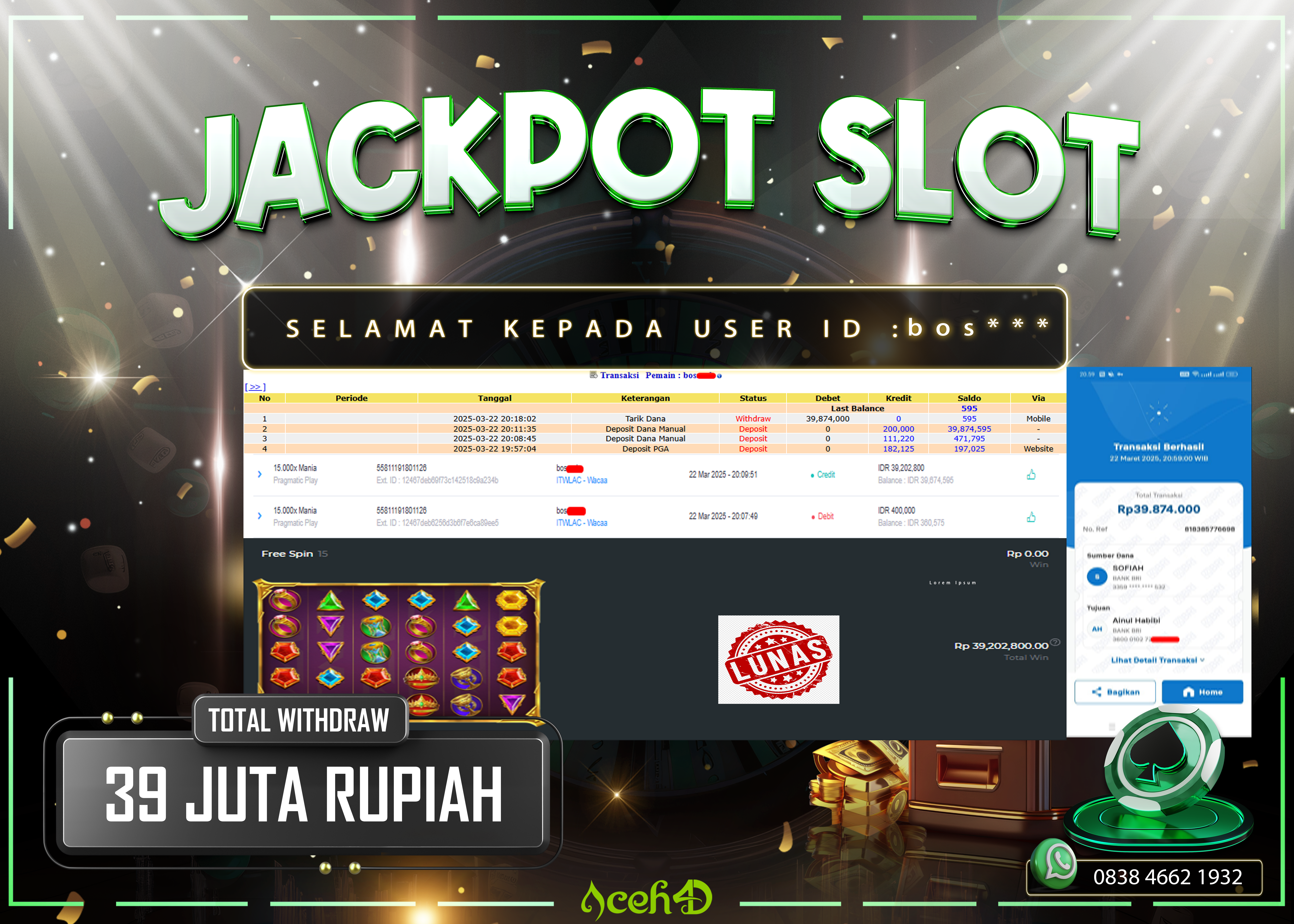 JACKPOT SLOT DARI MEMBER SETIA ACEH4D TGL 22/03/2025 💸💸