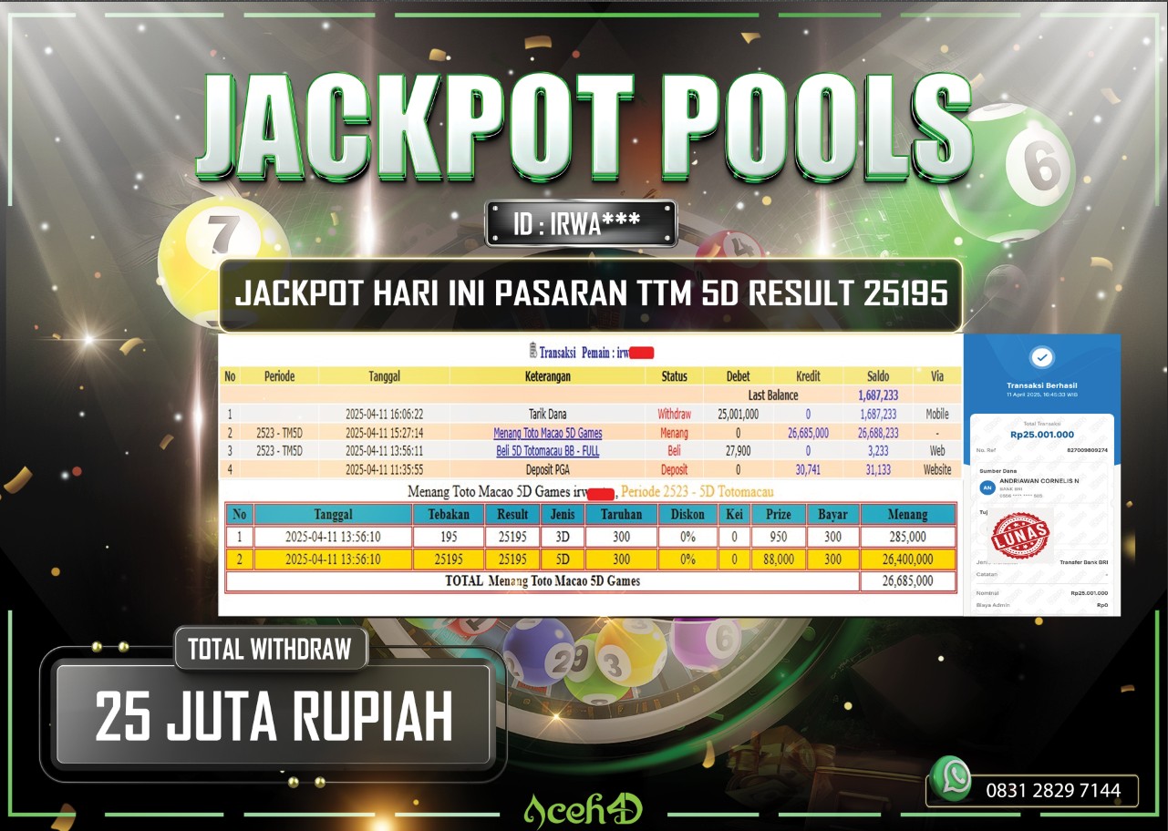JACKPOT TOGEL PASARAN TOTO MACAU 5D DARI MEMBER SETIA ACEH4D TGL 11/04/2025  💸💸