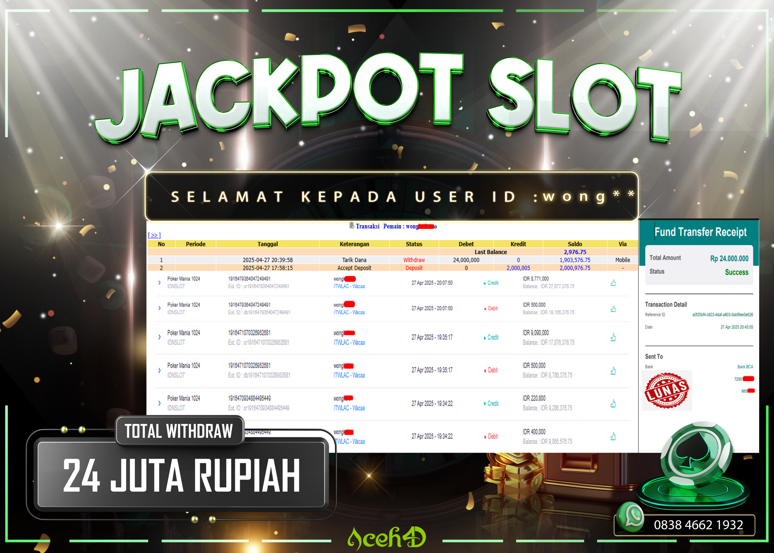 JACKPOT SLOT DARI MEMBER SETIA ACEH4D TGL 27/04/2025 💸💸