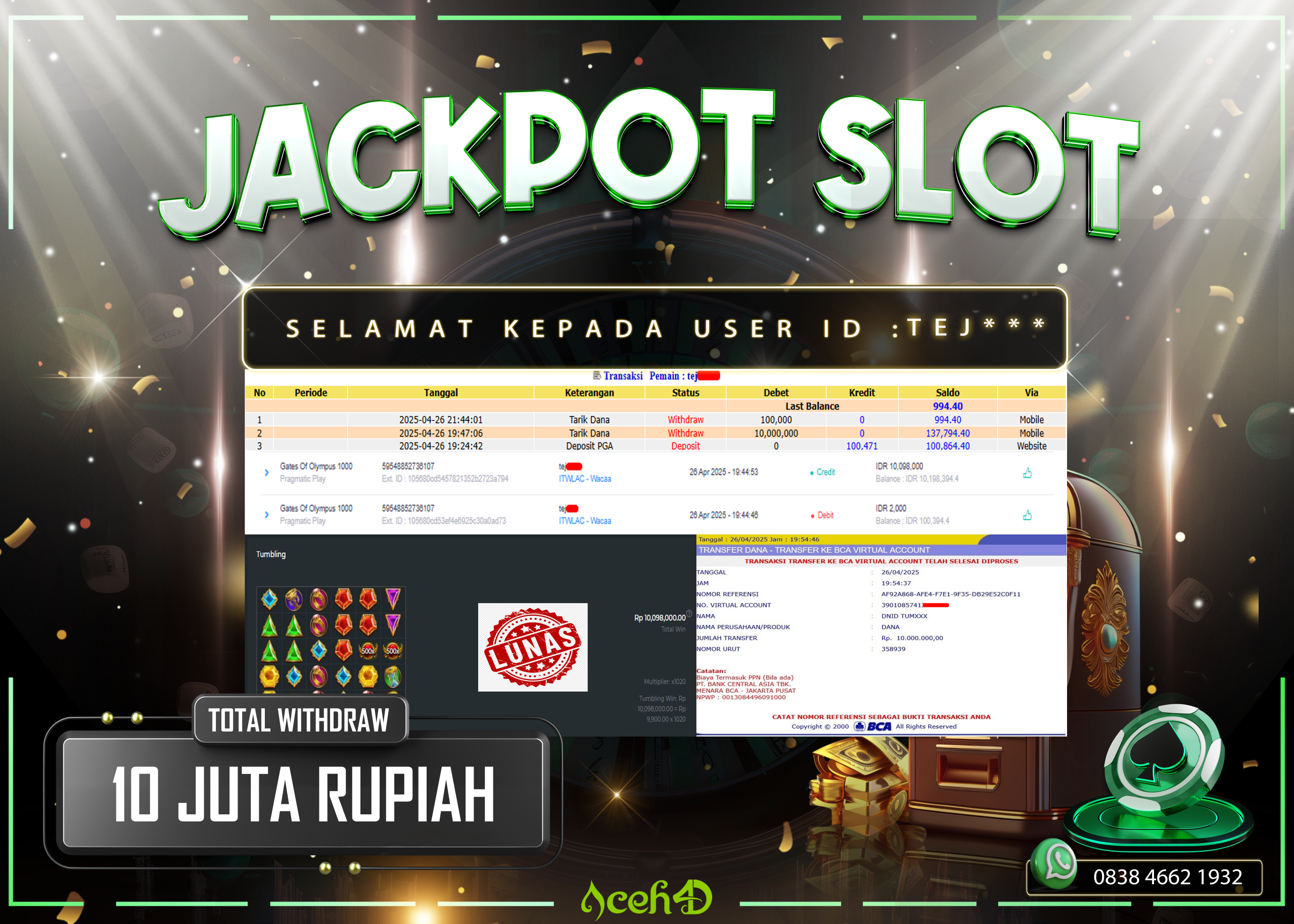 JACKPOT SLOT DARI MEMBER SETIA ACEH4D TGL 26/04/2025 💸💸