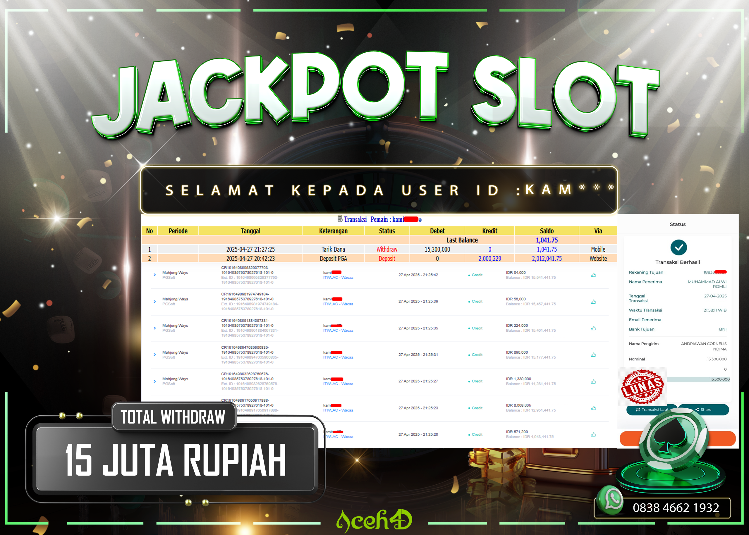JACKPOT SLOT DARI MEMBER SETIA ACEH4D TGL 27/04/2025 💸💸
