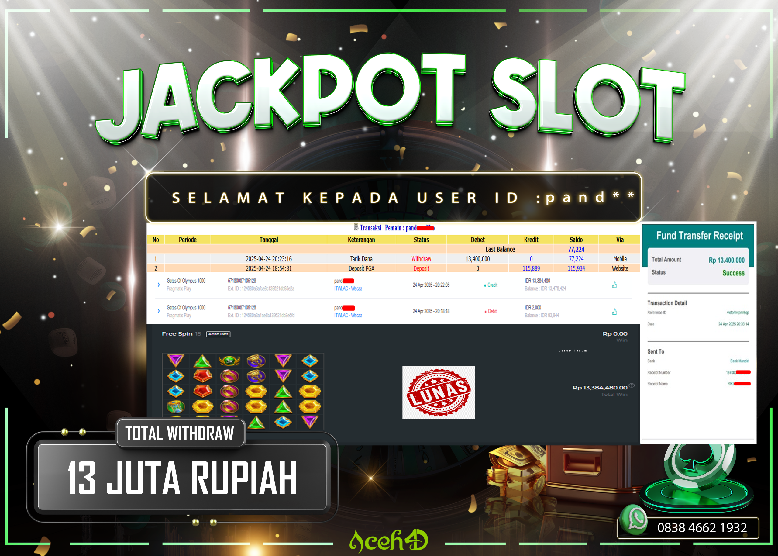 JACKPOT SLOT DARI MEMBER SETIA ACEH4D TGL 25/04/2025 💸💸