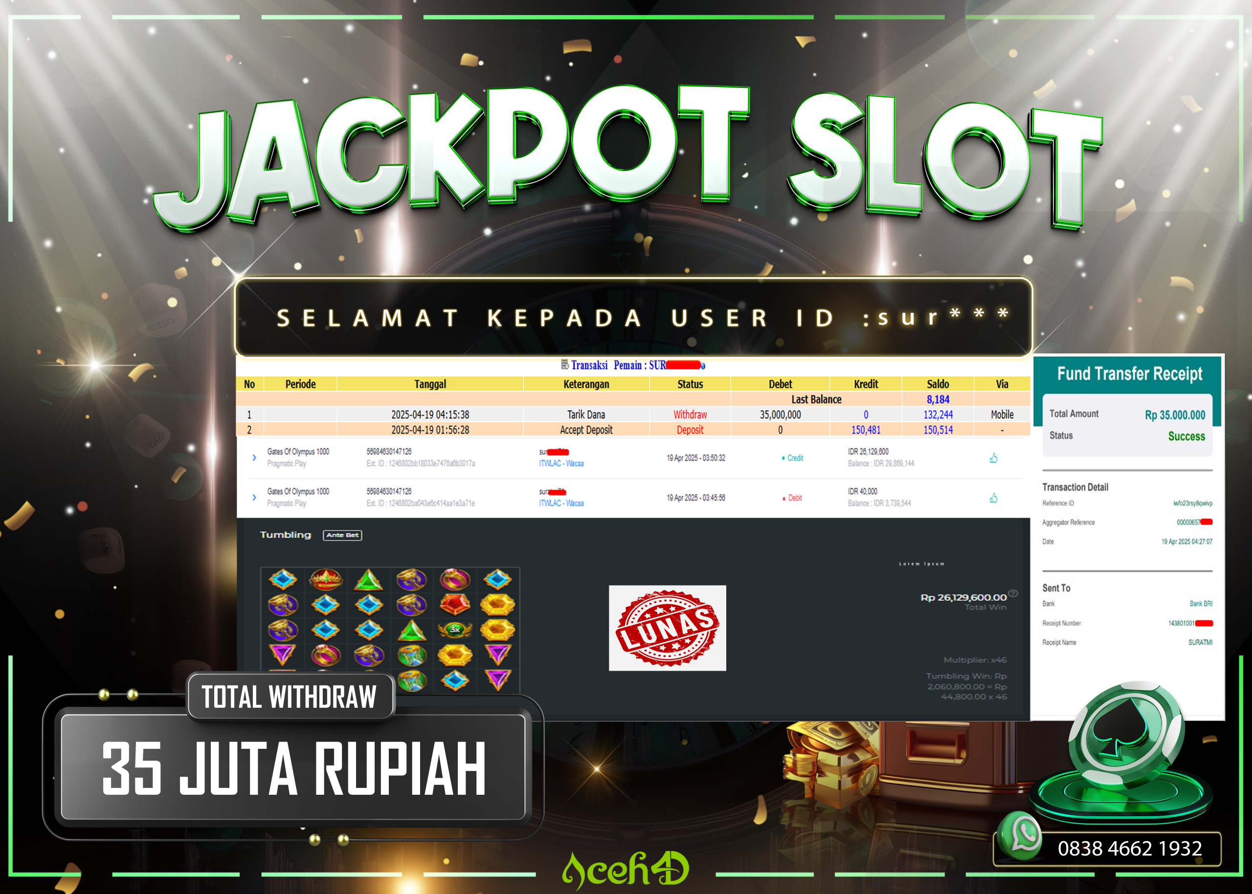JACKPOT SLOT DARI MEMBER SETIA ACEH4D TGL 19/04/2025 💸💸