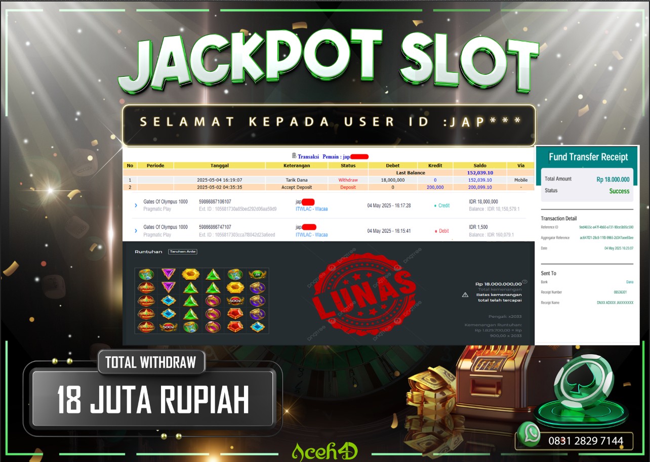 JACKPOT SLOT DARI MEMBER SETIA ACEH4D TGL 04/05/2025 💸💸