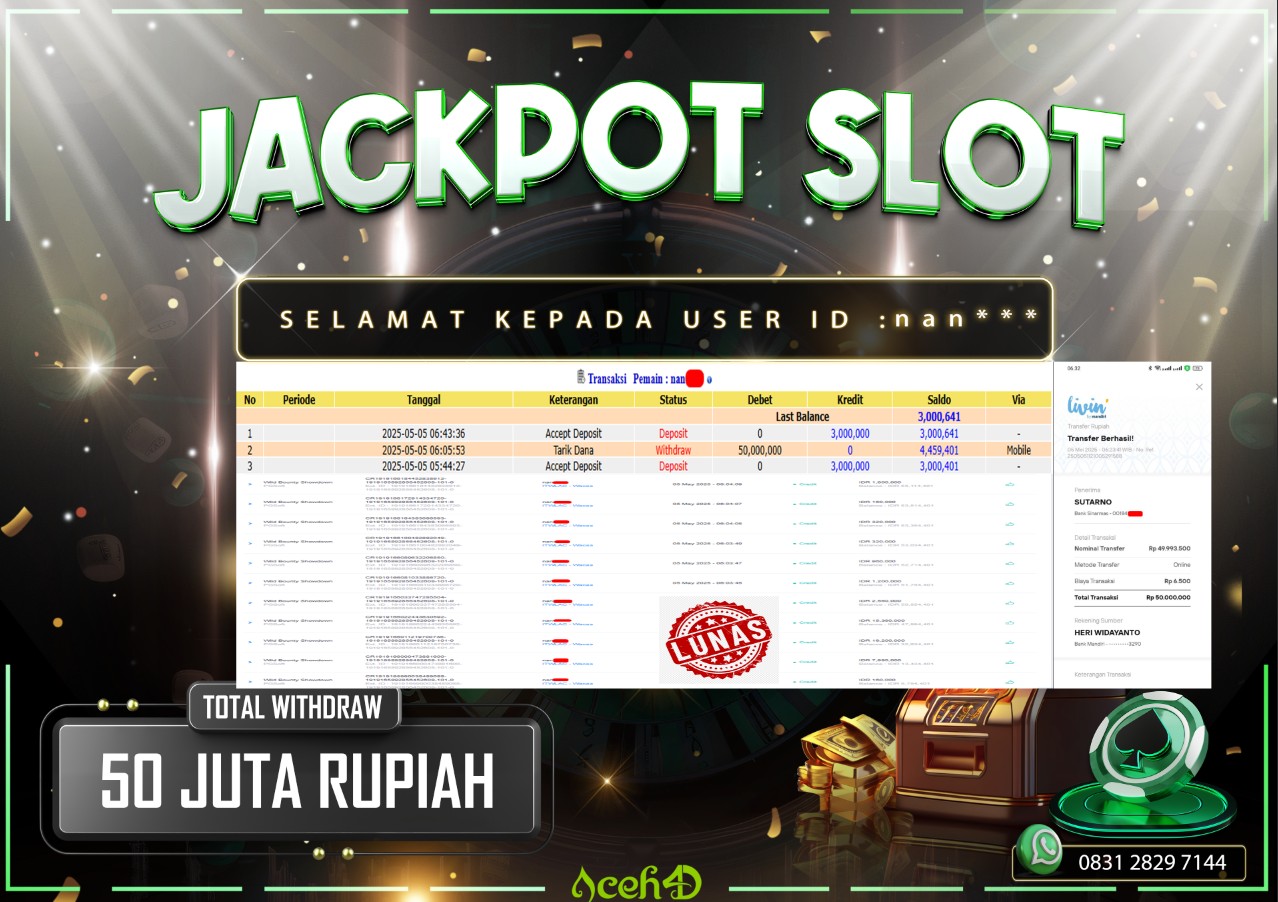 JACKPOT SLOT DARI MEMBER SETIA ACEH4D TGL 05/05/2025 💸💸
