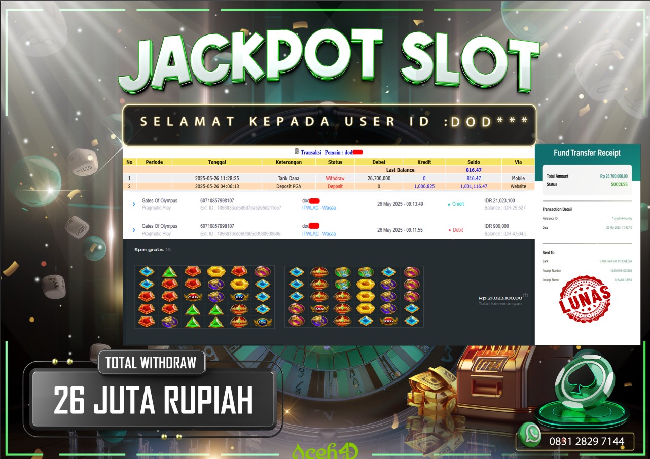 🔥🔥 JACKPOT HARI INI SENIN 26-05-2025 🔥🔥 JACKPOT SLOT DARI MEMBER SETIA ACEH4D 💸💸