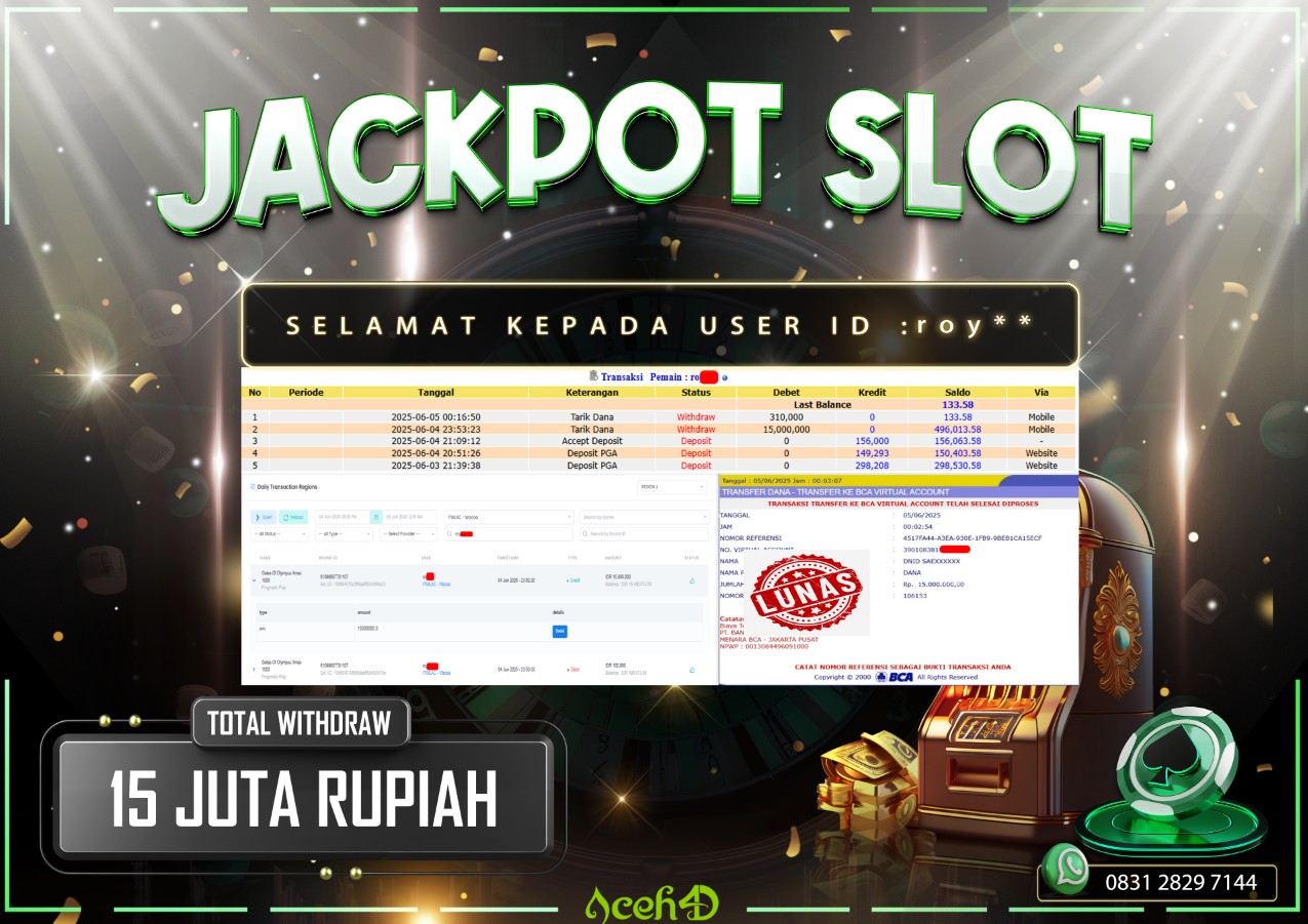 🔥🔥 JACKPOT HARI INI, RABU 05-06-2025 🔥🔥 JACKPOT SLOT DARI MEMBER SETIA ACEH4D  💸💸