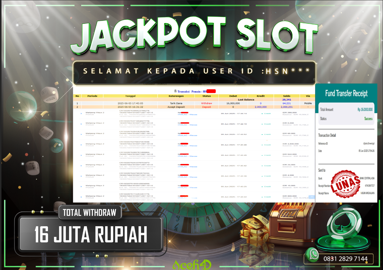 🔥🔥 JACKPOT HARI INI, KAMIS 05-06-2025 🔥🔥  JACKPOT SLOT DARI MEMBER SETIA ACEH4D 💸💸