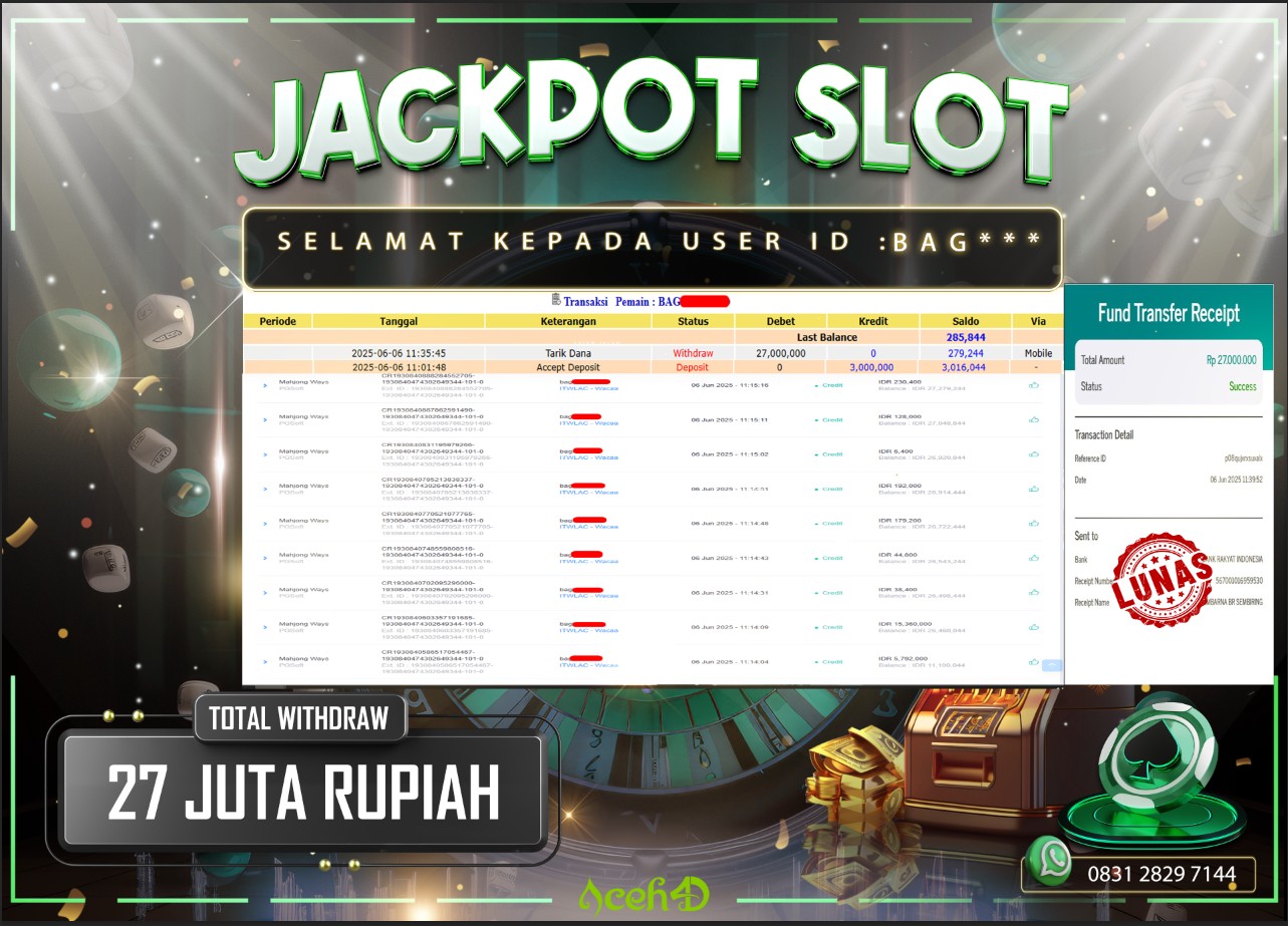🔥🔥 JACKPOT HARI INI, JUMAT 06-06-2025 🔥🔥  JACKPOT SLOT DARI MEMBER SETIA ACEH4D 💸