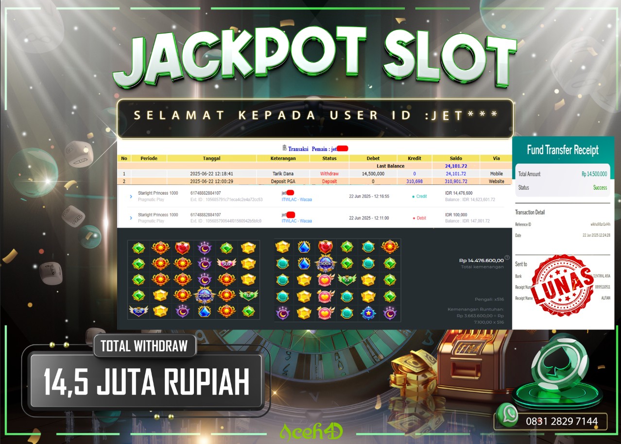 🔥🔥 JACKPOT HARI INI, MINGGU 22-06-2025 🔥🔥  JACKPOT SLOT DARI MEMBER SETIA ACEH4D 💸💸