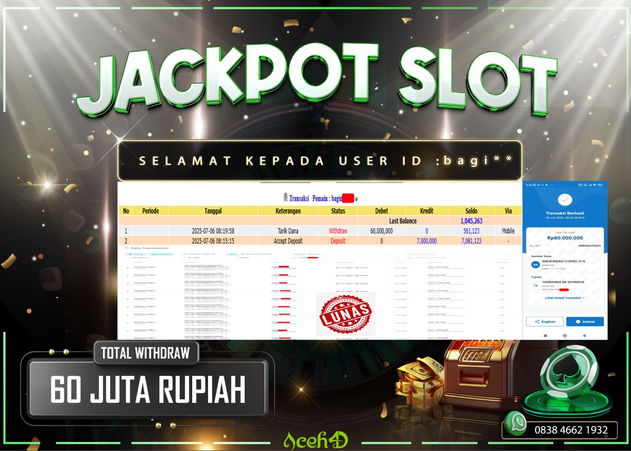🔥🔥 JACKPOT HARI INI, MINGGU  06-07-2025 🔥🔥 JACKPOT SLOT DARI MEMBER SETIA ACEH4D