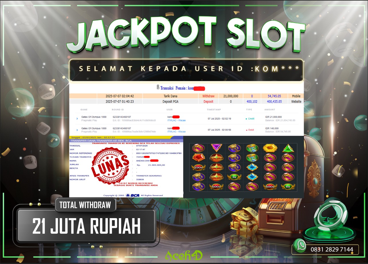 🔥🔥 JACKPOT HARI INI, SENIN 07-07-2025 🔥🔥  JACKPOT SLOT DARI MEMBER SETIA ACEH4D 💸💸