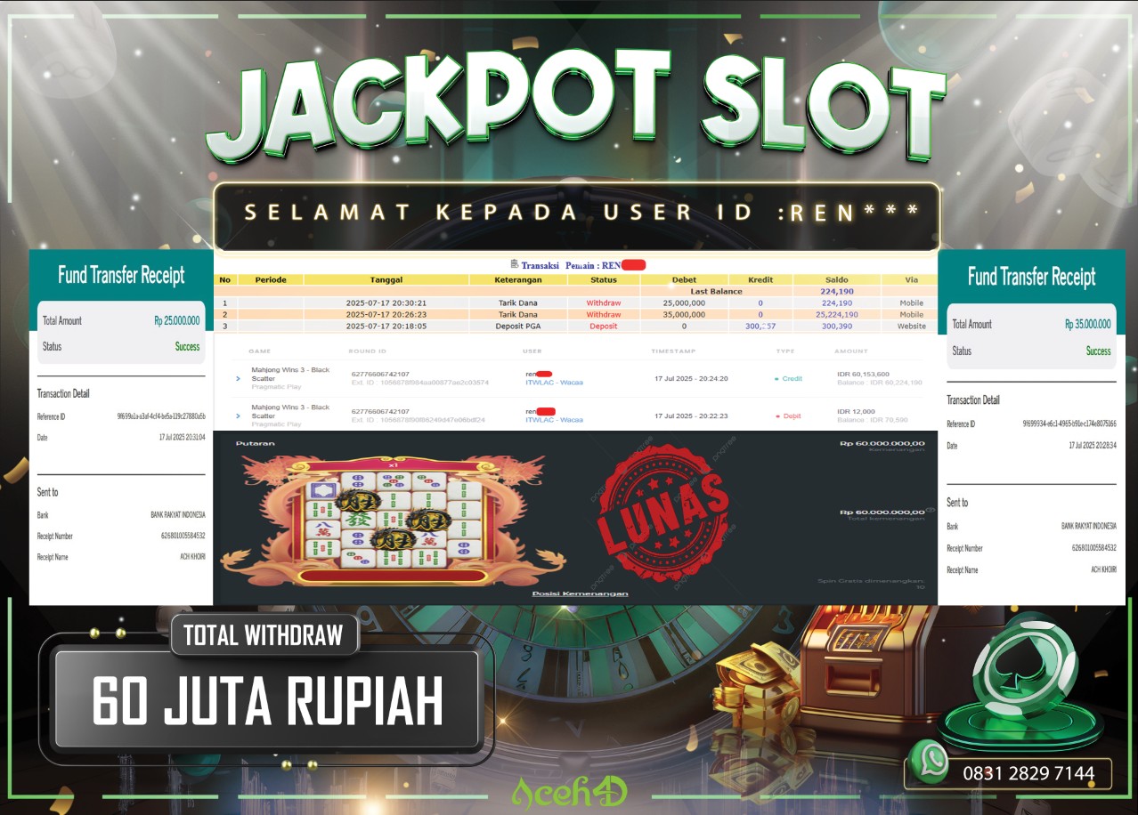 🔥🔥 JACKPOT HARI INI, KAMIS 17-07-2025 🔥🔥  JACKPOT SLOT DARI MEMBER SETIA ACEH4D 💸💸