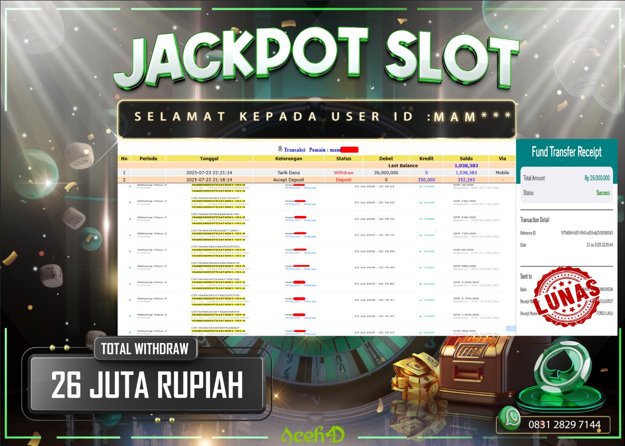 🔥🔥 JACKPOT HARI INI, RABU 23-07-2025 🔥🔥  JACKPOT SLOT DARI MEMBER SETIA ACEH4D 💸💸
