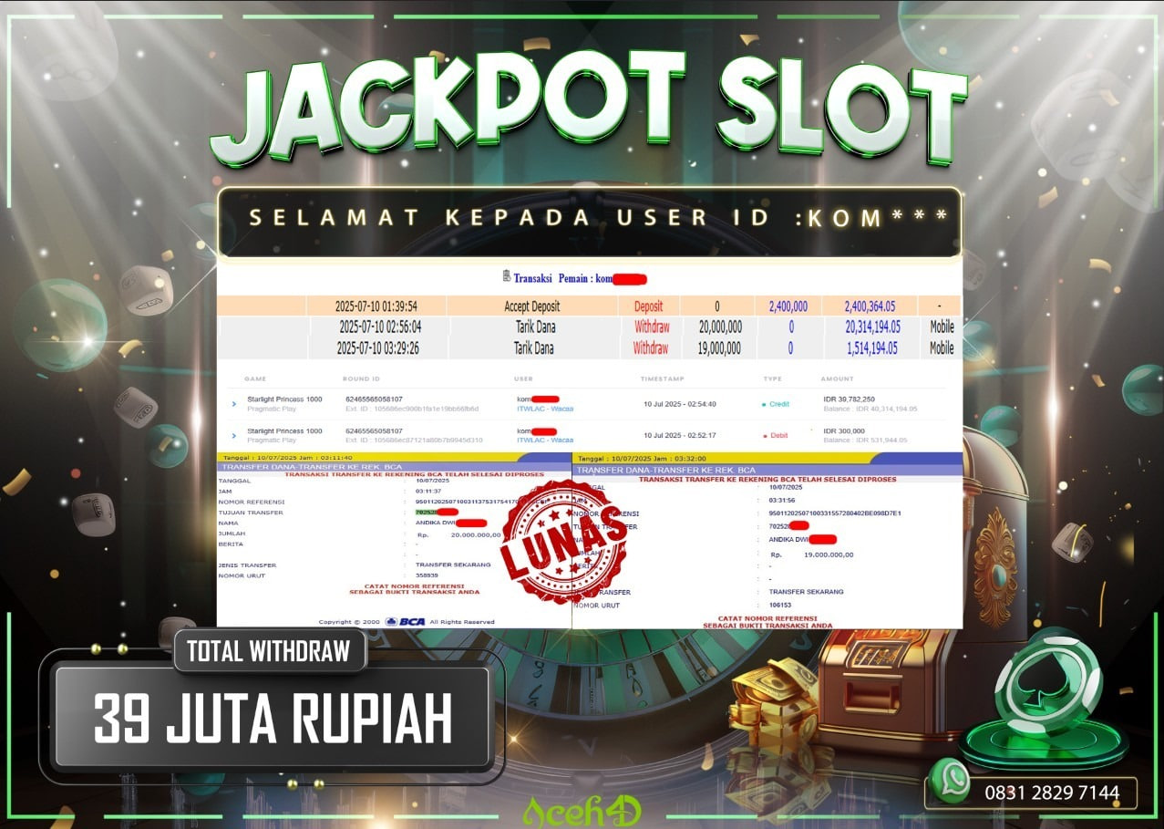 🔥🔥 JACKPOT HARI INI, KAMIS 10-07-2025 🔥🔥  JACKPOT SLOT DARI MEMBER SETIA ACEH4D 💸💸