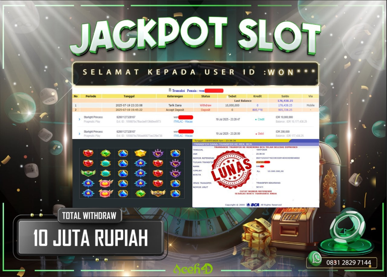 🔥🔥 JACKPOT HARI INI, SABTU 19-07-2025 🔥🔥  JACKPOT SLOT DARI MEMBER SETIA ACEH4D 💸💸
