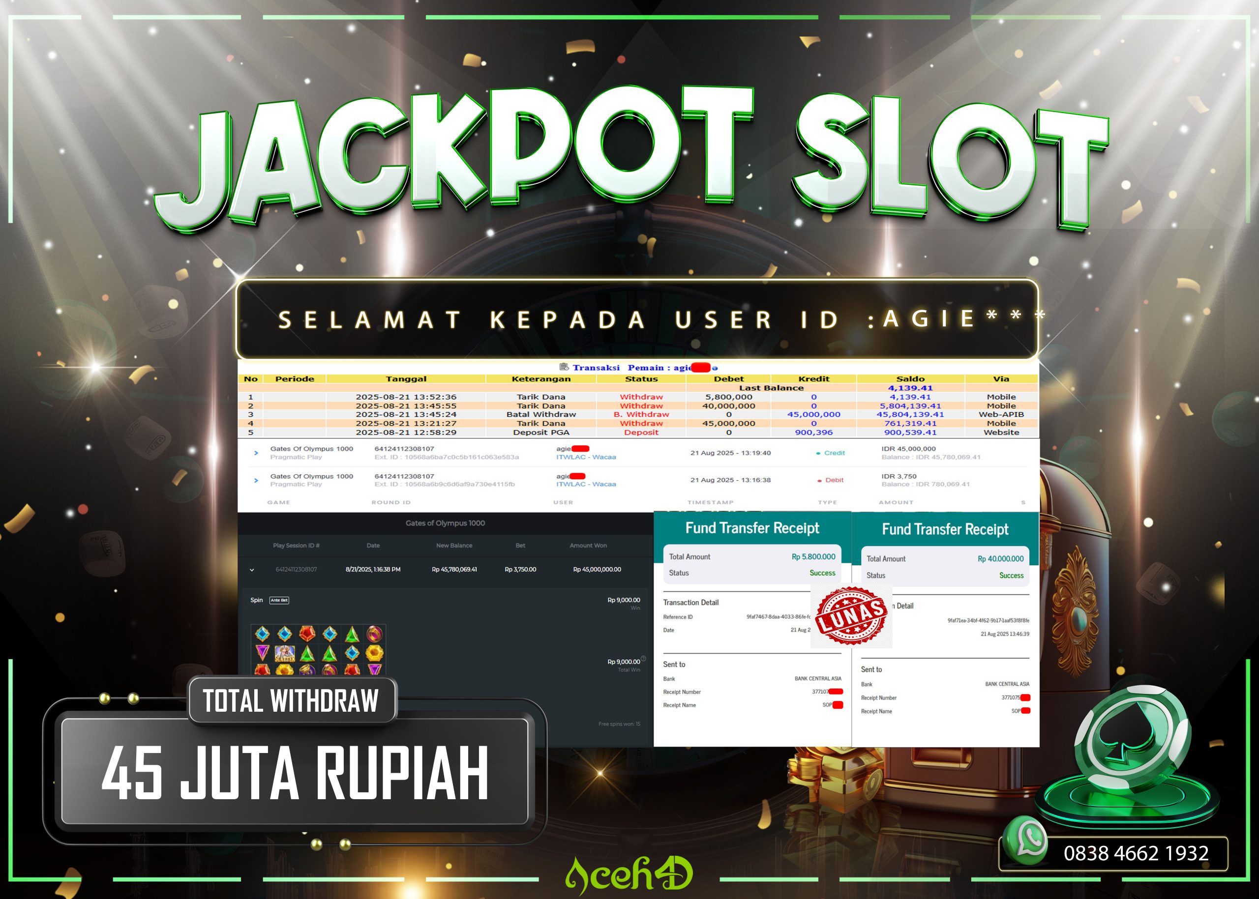 🔥🔥  JACKPOT HARI INI,KAMIS 21-08-2025 🔥🔥  JACKPOT SLOT DARI MEMBER SETIA ACEH4D 💸💸