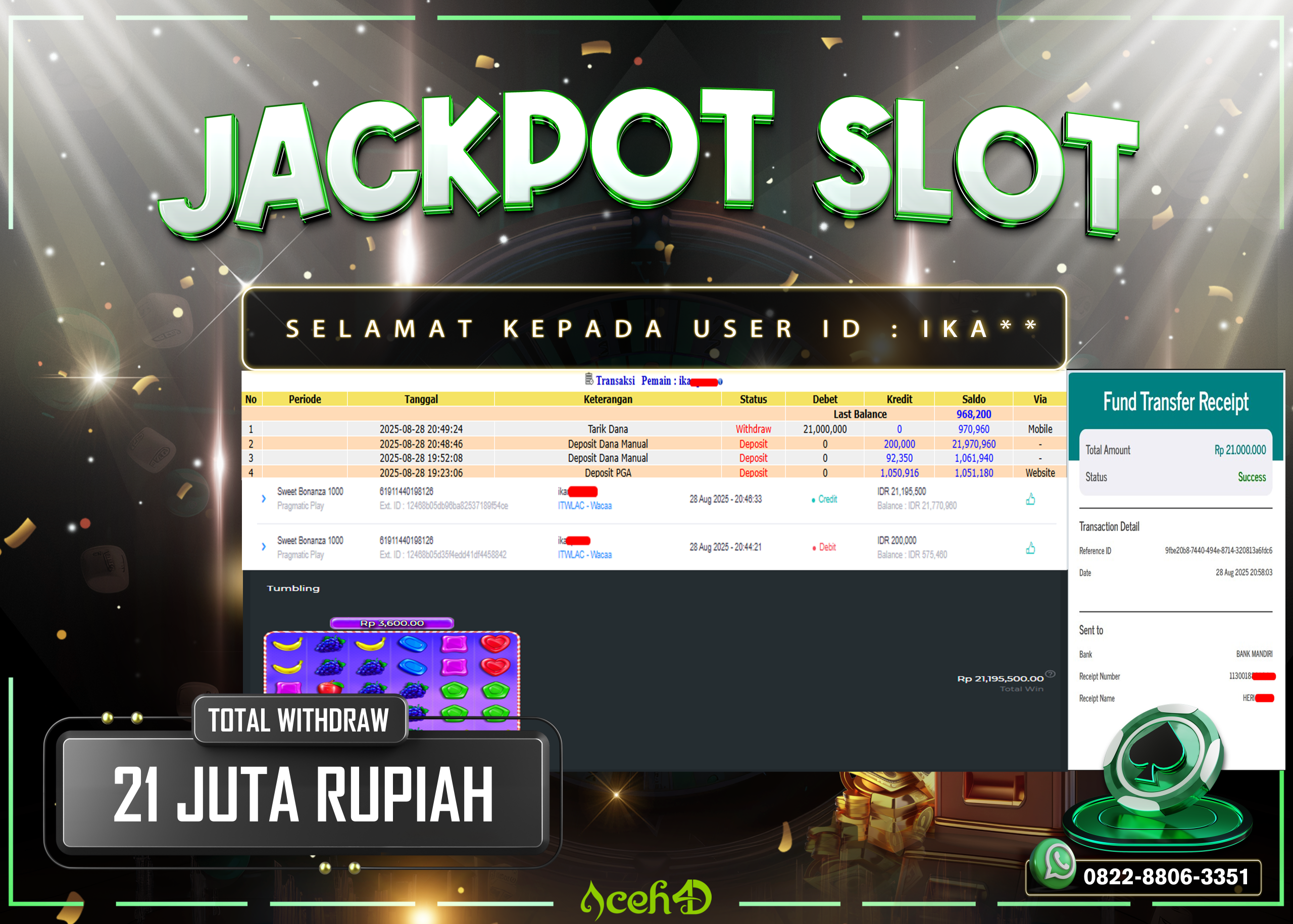 🔥🔥 JACKPOT HARI INI,KAMIS 28-08-2025 🔥🔥JACKPOT SLOT DARI MEMBER SETIA ACEH4D 💸💸
