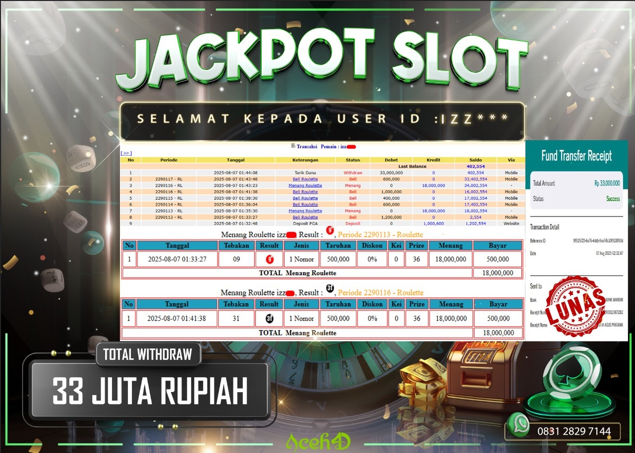 🔥🔥 JACKPOT HARI INI,KAMIS 07-08-2025 🔥🔥  JACKPOT LIVEGAME DARI MEMBER SETIA ACEH4D 💸💸