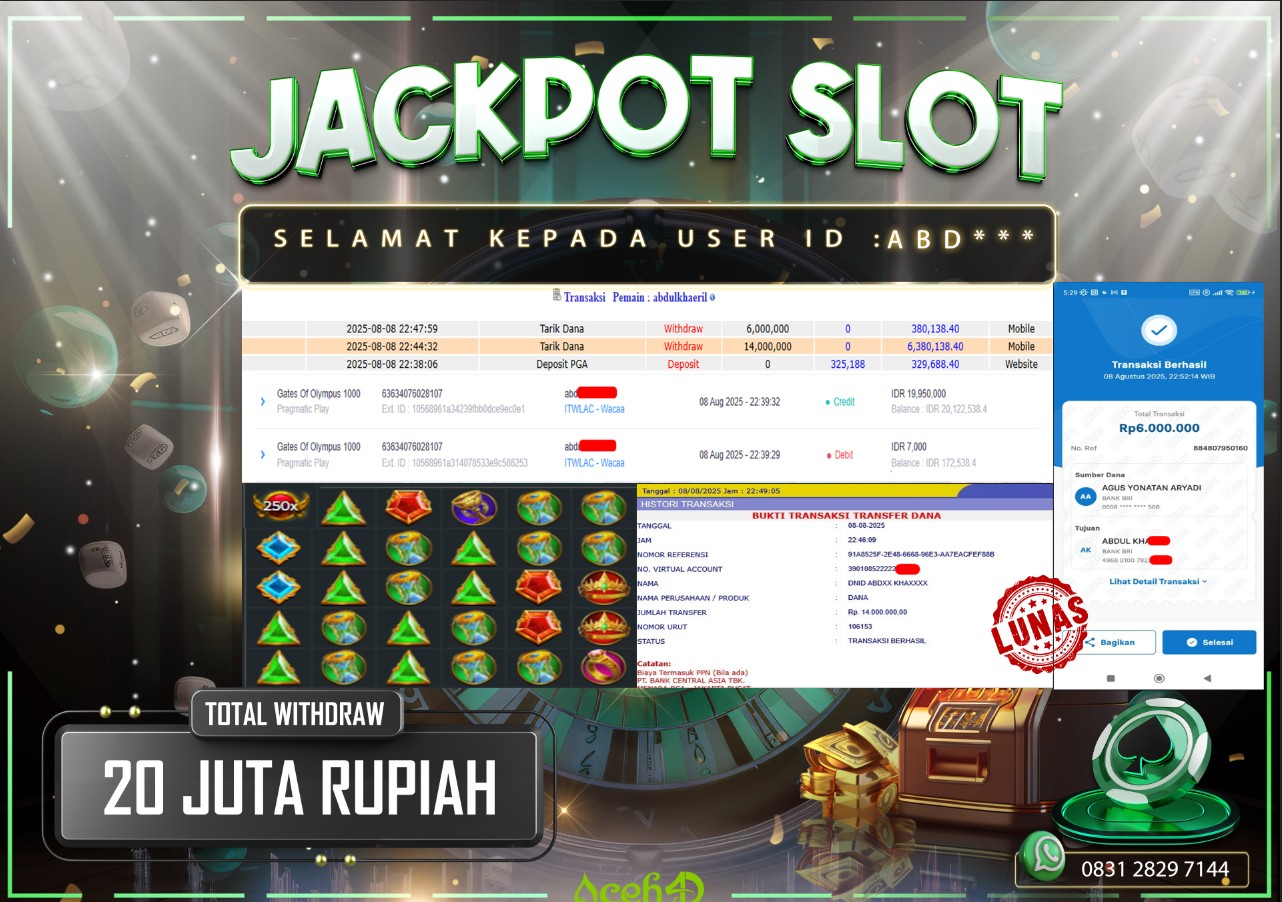 🔥🔥  JACKPOT HARI INI,JUMAT 08-08-2025 🔥🔥  JACKPOT SLOT DARI MEMBER SETIA ACEH4D 💸💸