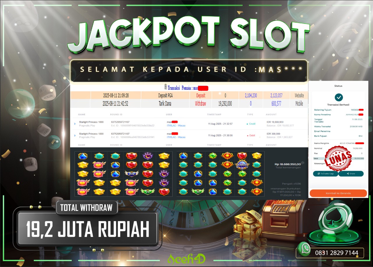 🔥🔥 JACKPOT HARI INI, SENIN 11-08-2025 🔥🔥  JACKPOT SLOT DARI MEMBER SETIA ACEH4D 💸💸