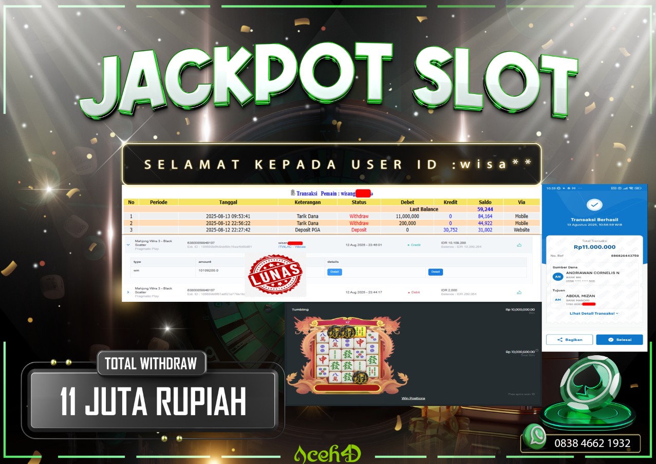 🔥🔥 JACKPOT HARI INI, RABU 13-08-2025 🔥🔥  JACKPOT SLOT DARI MEMBER SETIA ACEH4D 💸💸