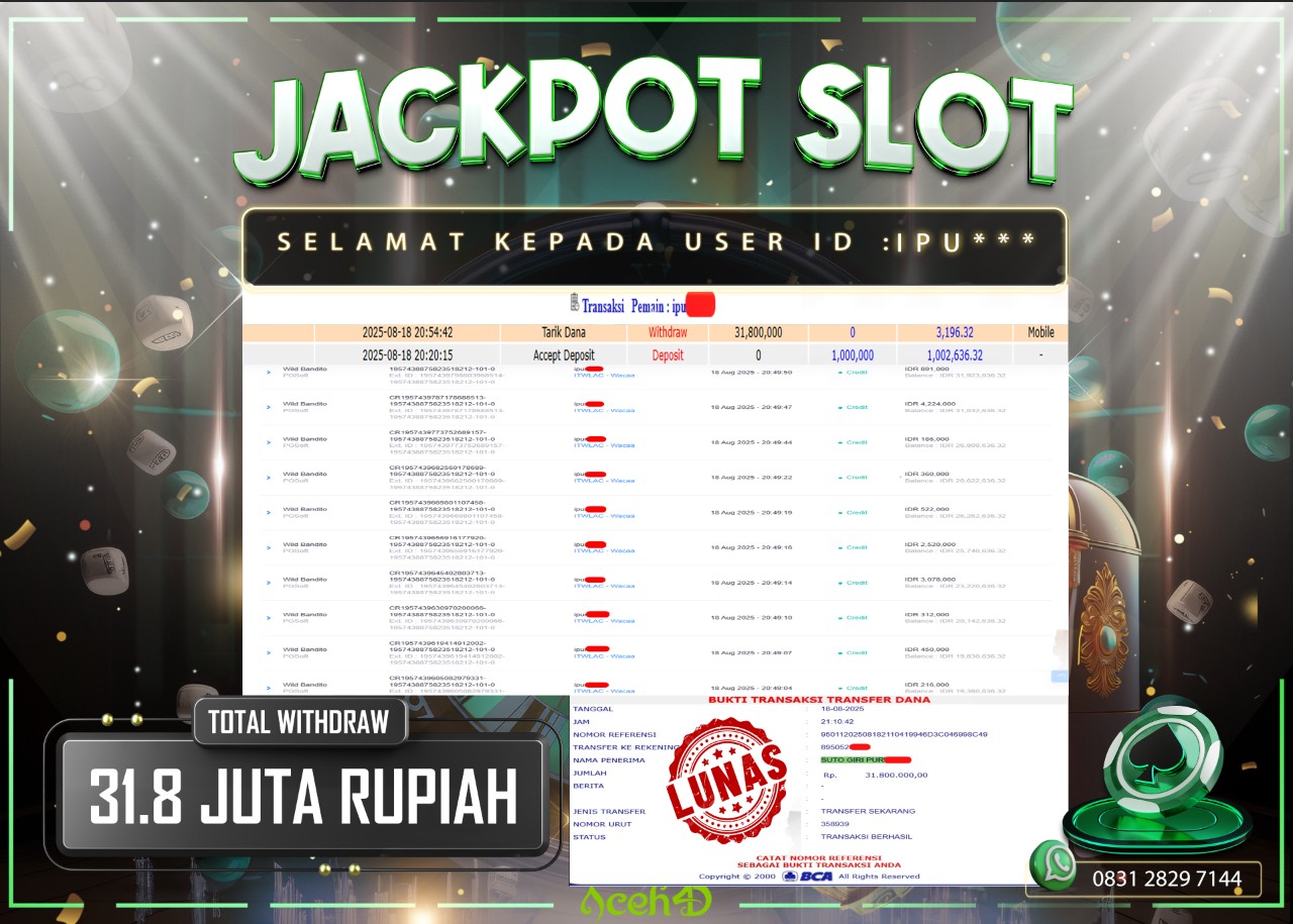 🔥🔥 JACKPOT HARI INI, SENIN 18-08-2025 🔥🔥  JACKPOT SLOT DARI MEMBER SETIA ACEH4D 💸💸